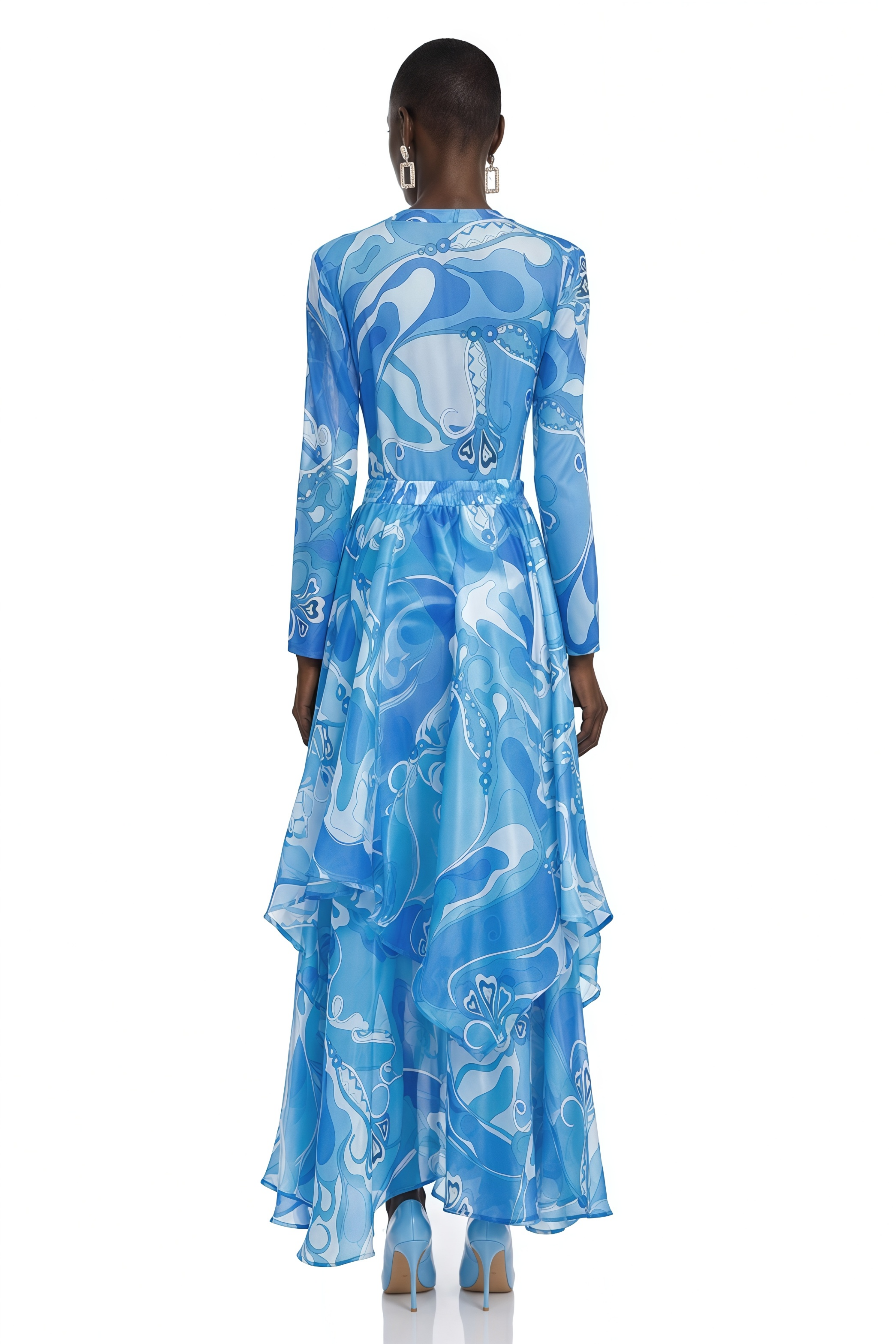 Lucasta Blue Printed Long Sleeve Top & Tiered Skirt Set