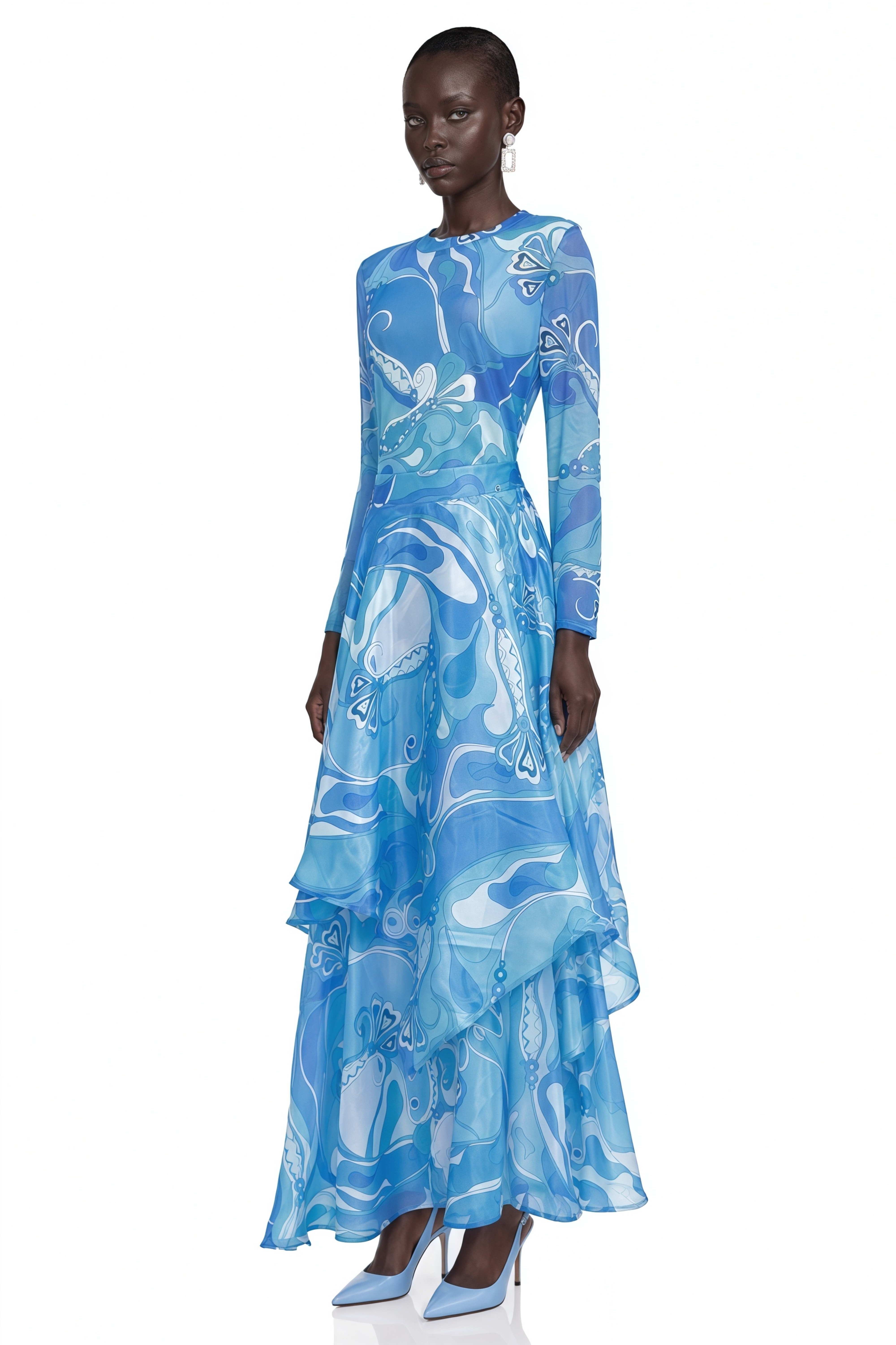 Lucasta Blue Printed Long Sleeve Top & Tiered Skirt Set