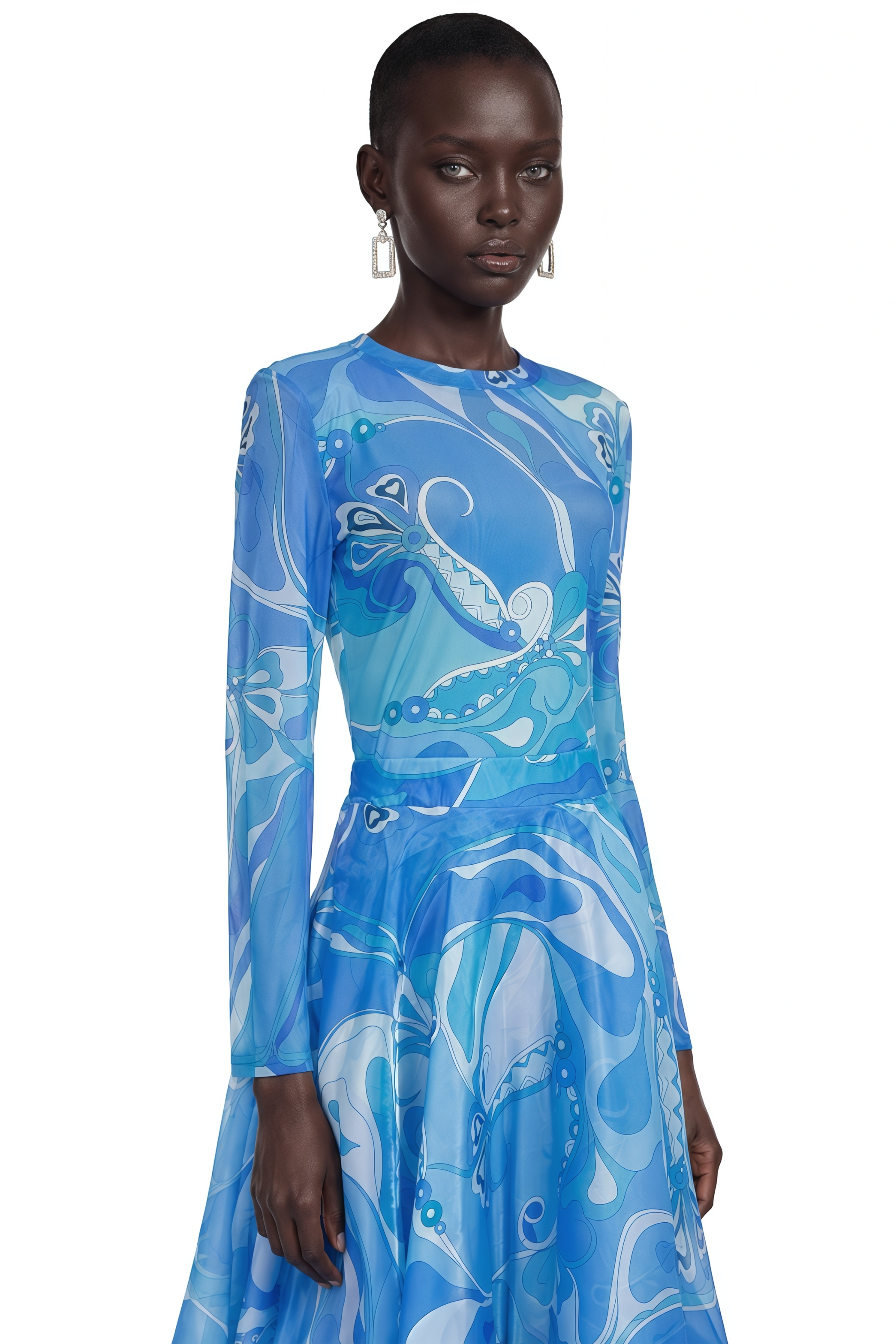 Lucasta Blue Printed Long Sleeve Top & Tiered Skirt Set