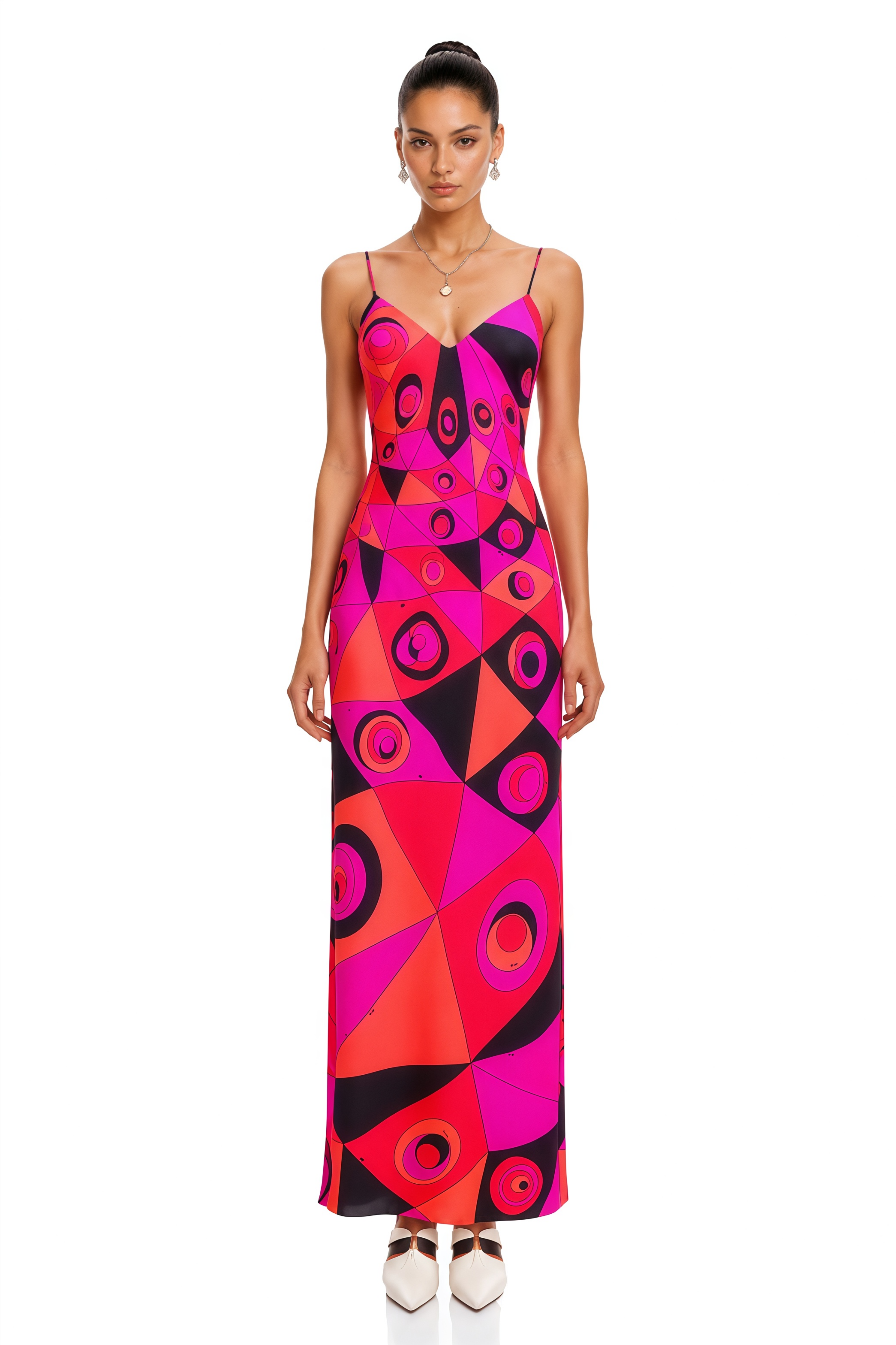 Robe longue Lucasta à col en V rouge avec effet color block