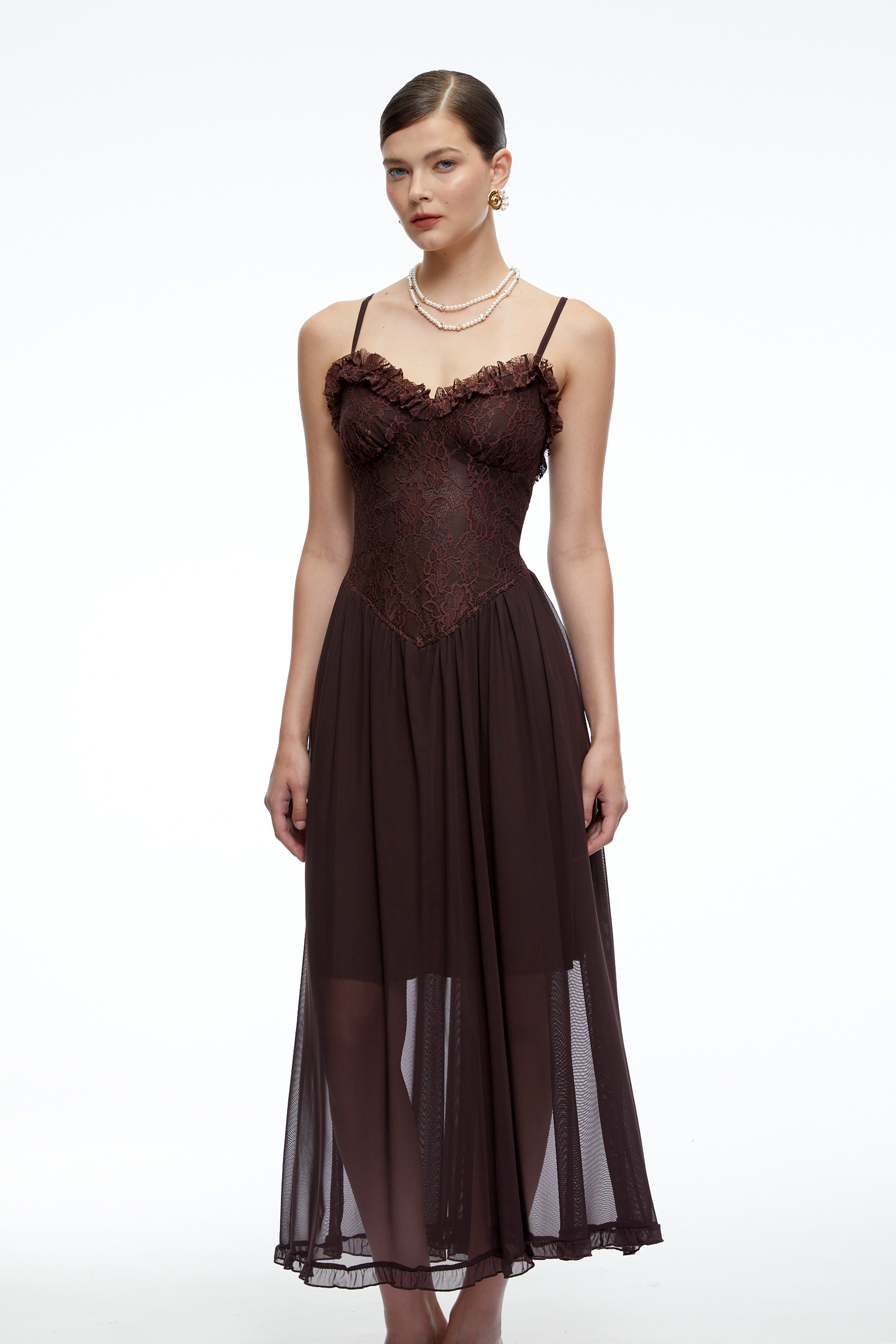 Luciana Chocolate Brown Ruffled Midi Dress with Lace Panels