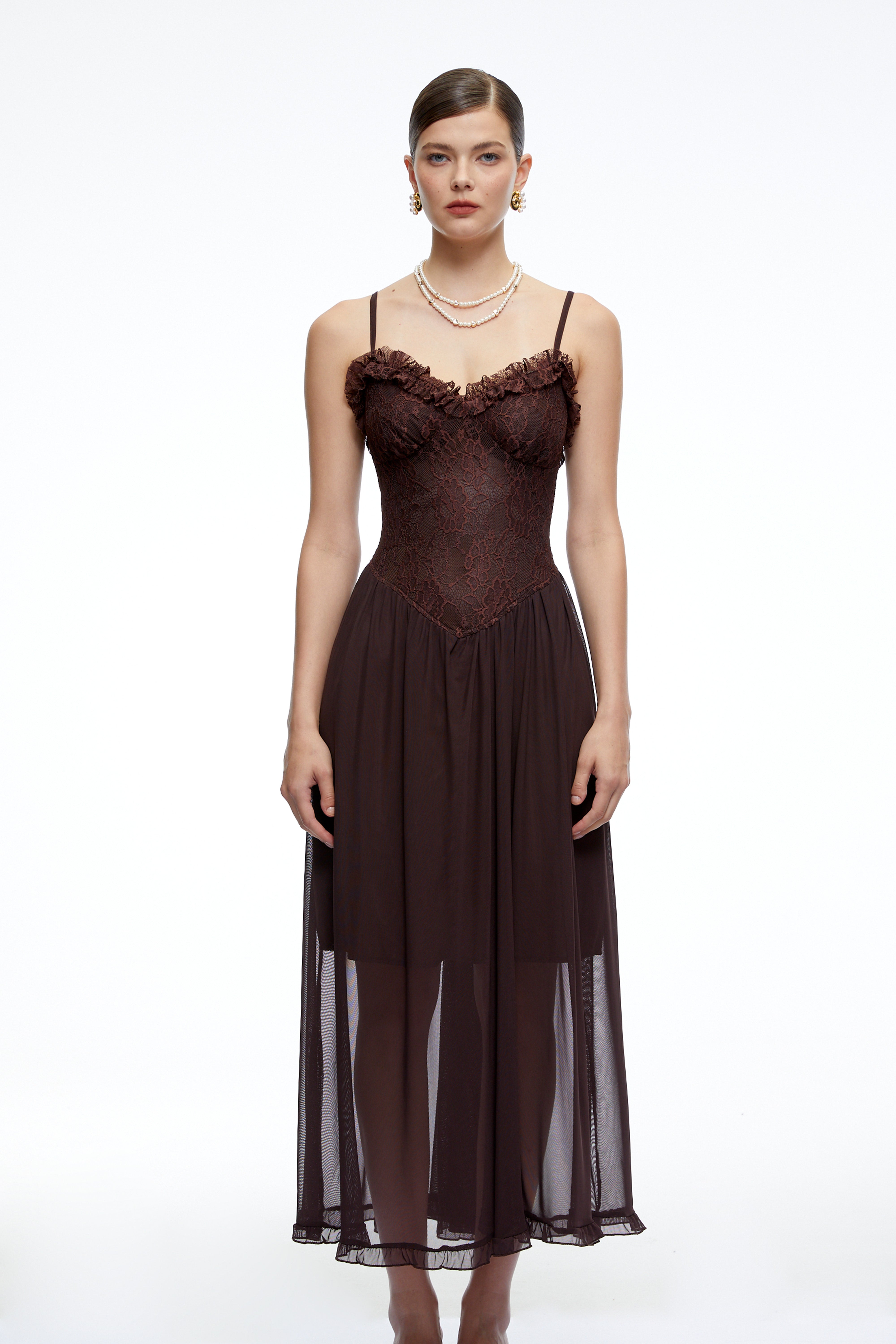 Luciana Chocolate Brown Ruffled Midi Dress with Lace Panels