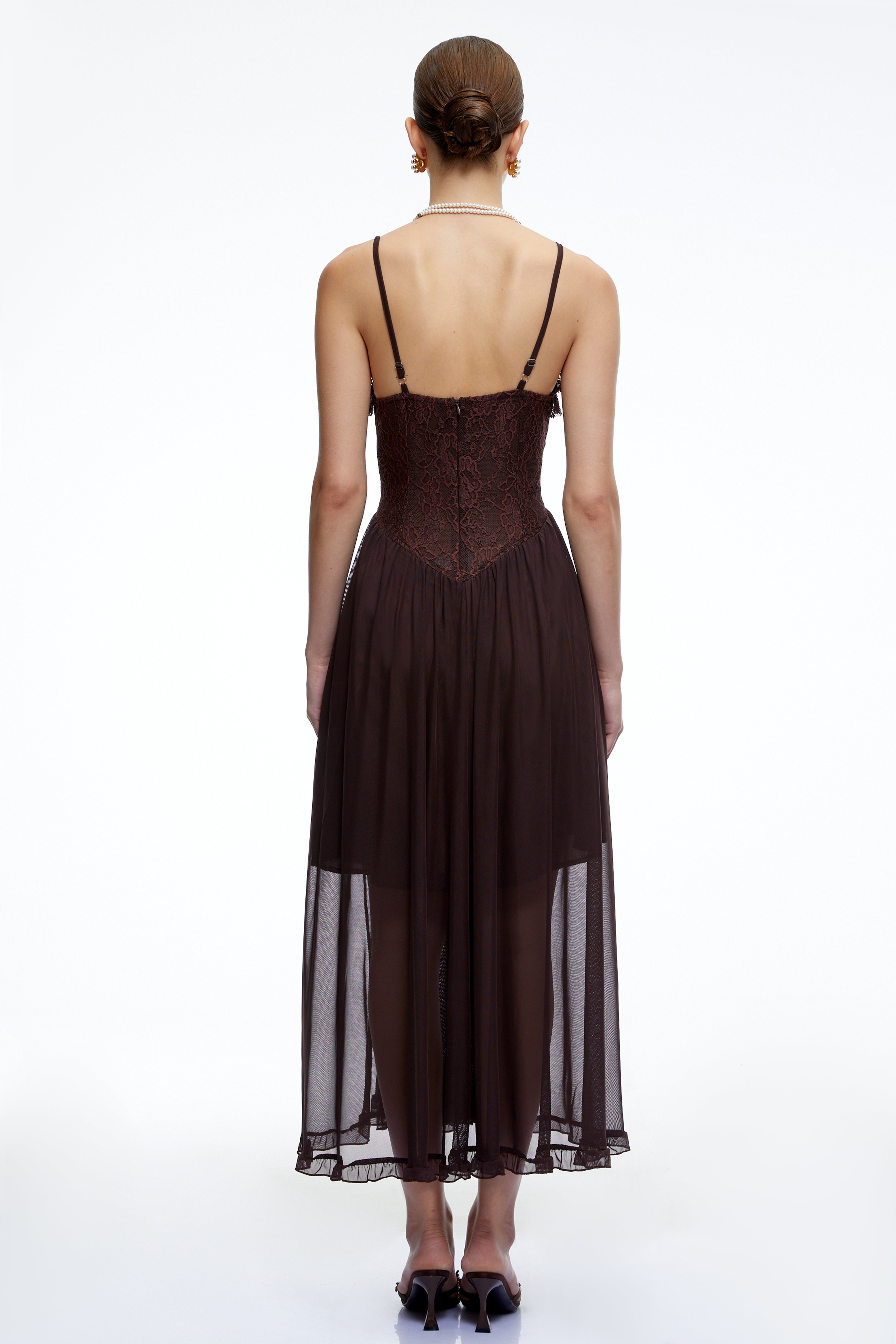 Luciana Chocolate Brown Ruffled Midi Dress with Lace Panels