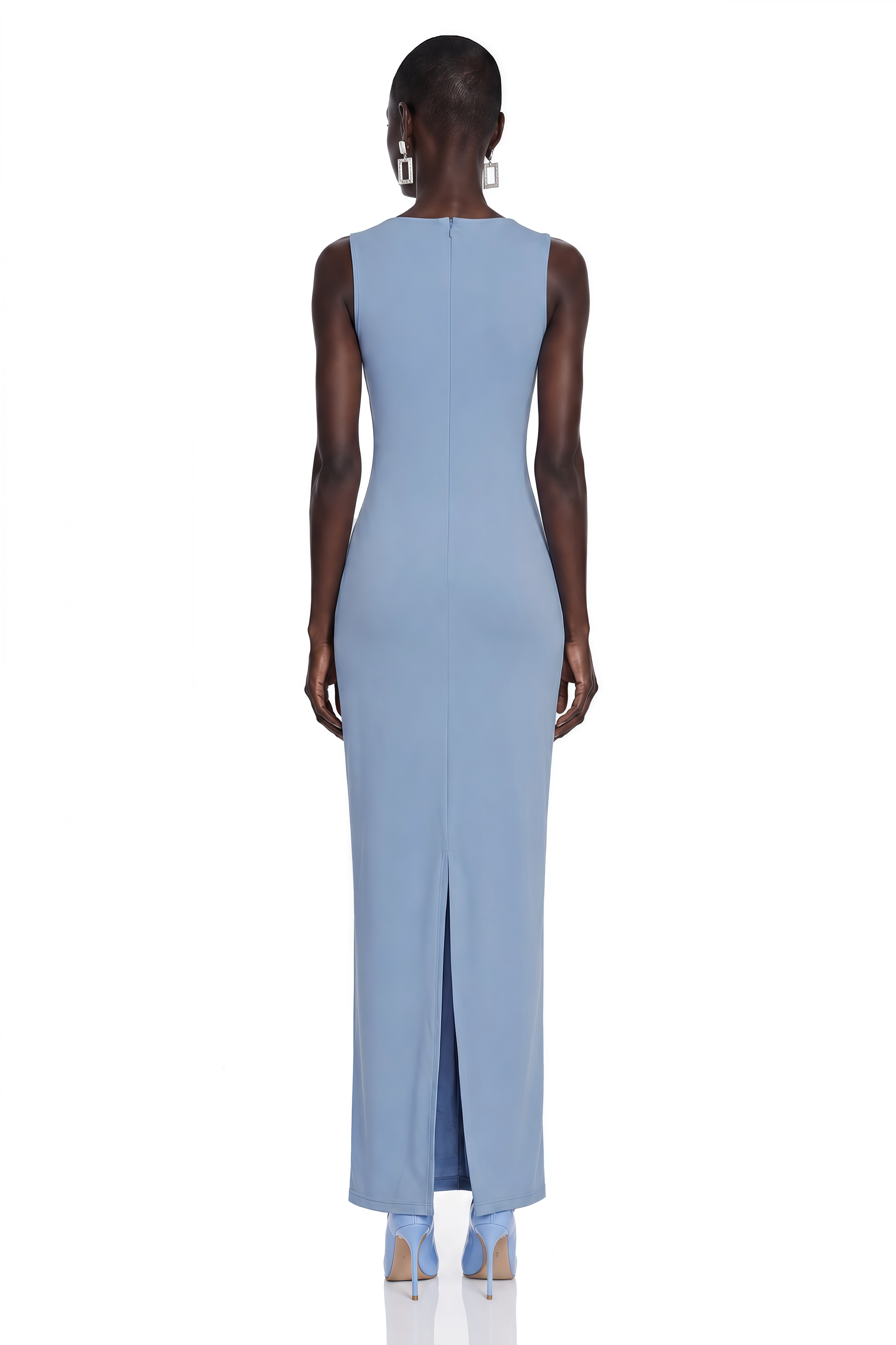 Light blue one-shoulder maxi dress with draped ring details
