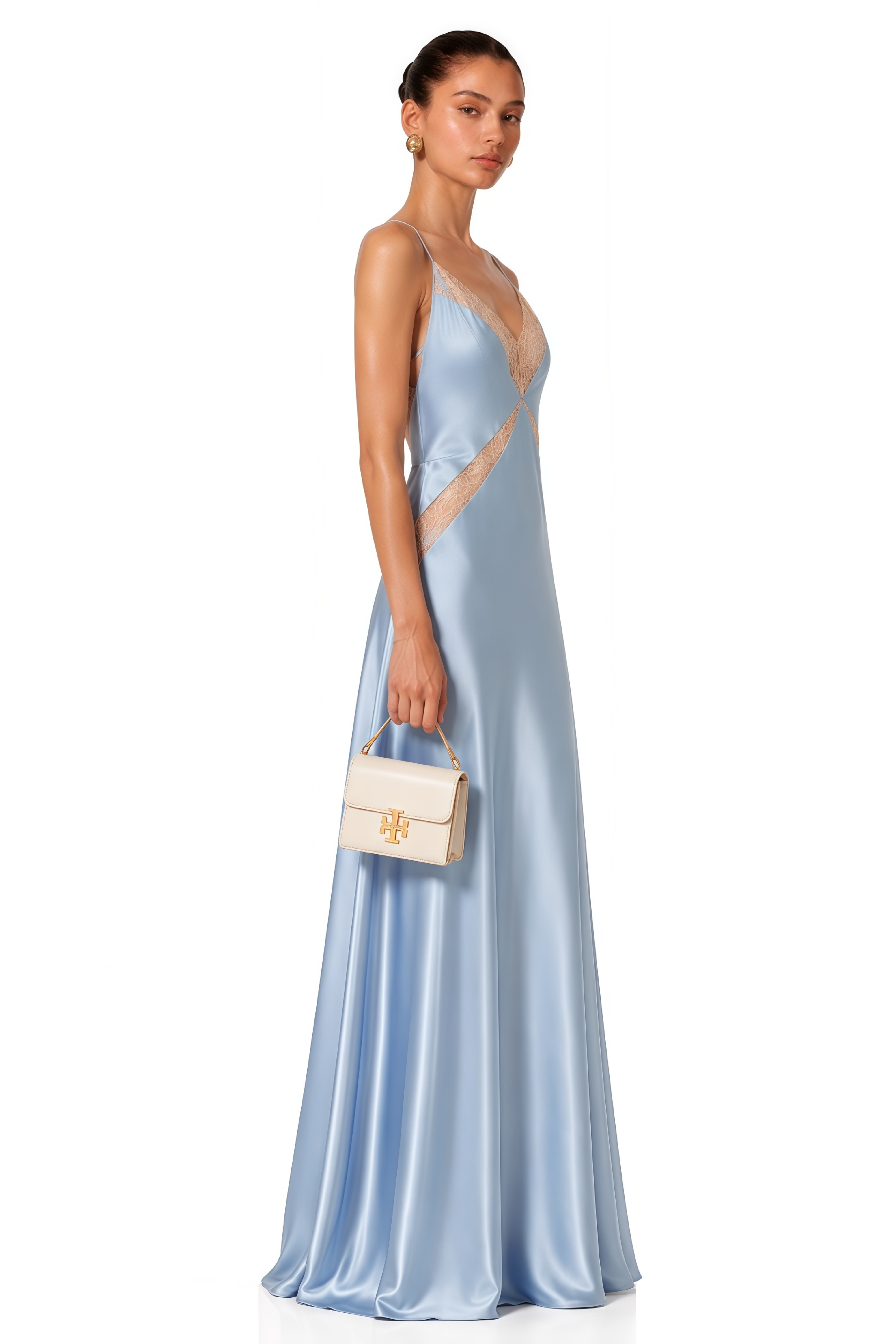 Robe longue Ludmila bleue à col en V et bordure en dentelle