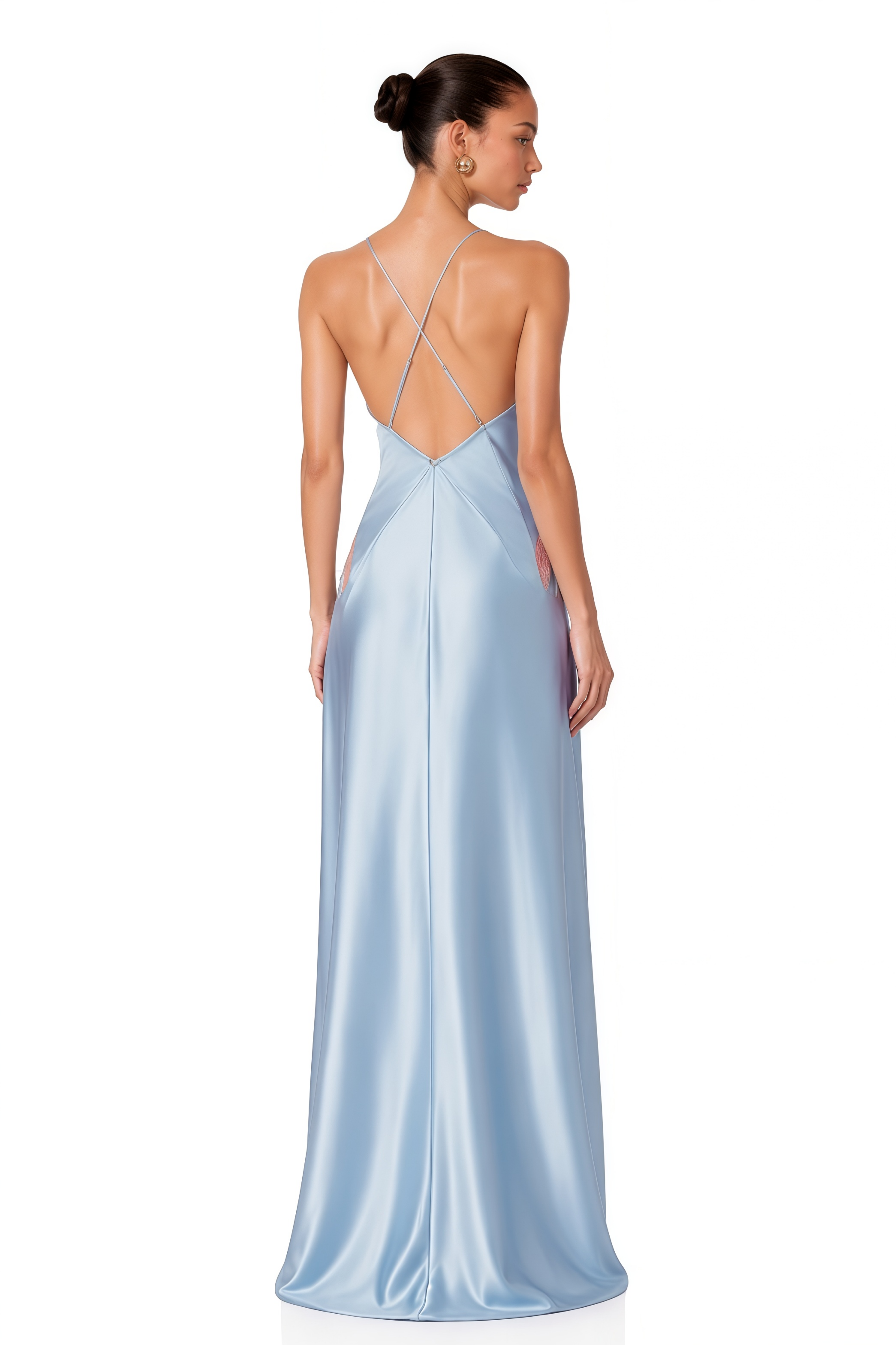 Robe longue Ludmila bleue à col en V et bordure en dentelle