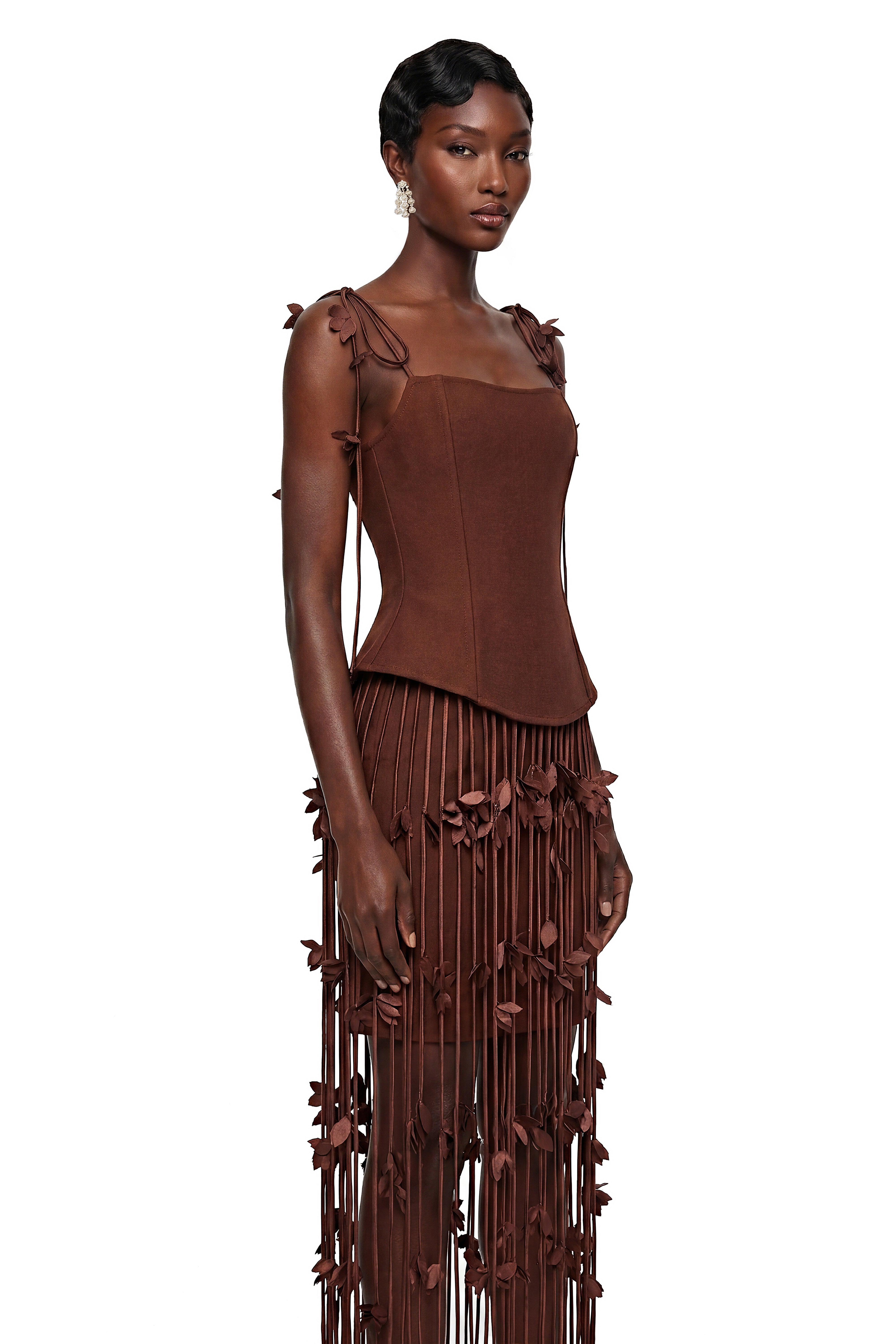 Ludmila Brown Tassel Mini Dress with 3D Florals