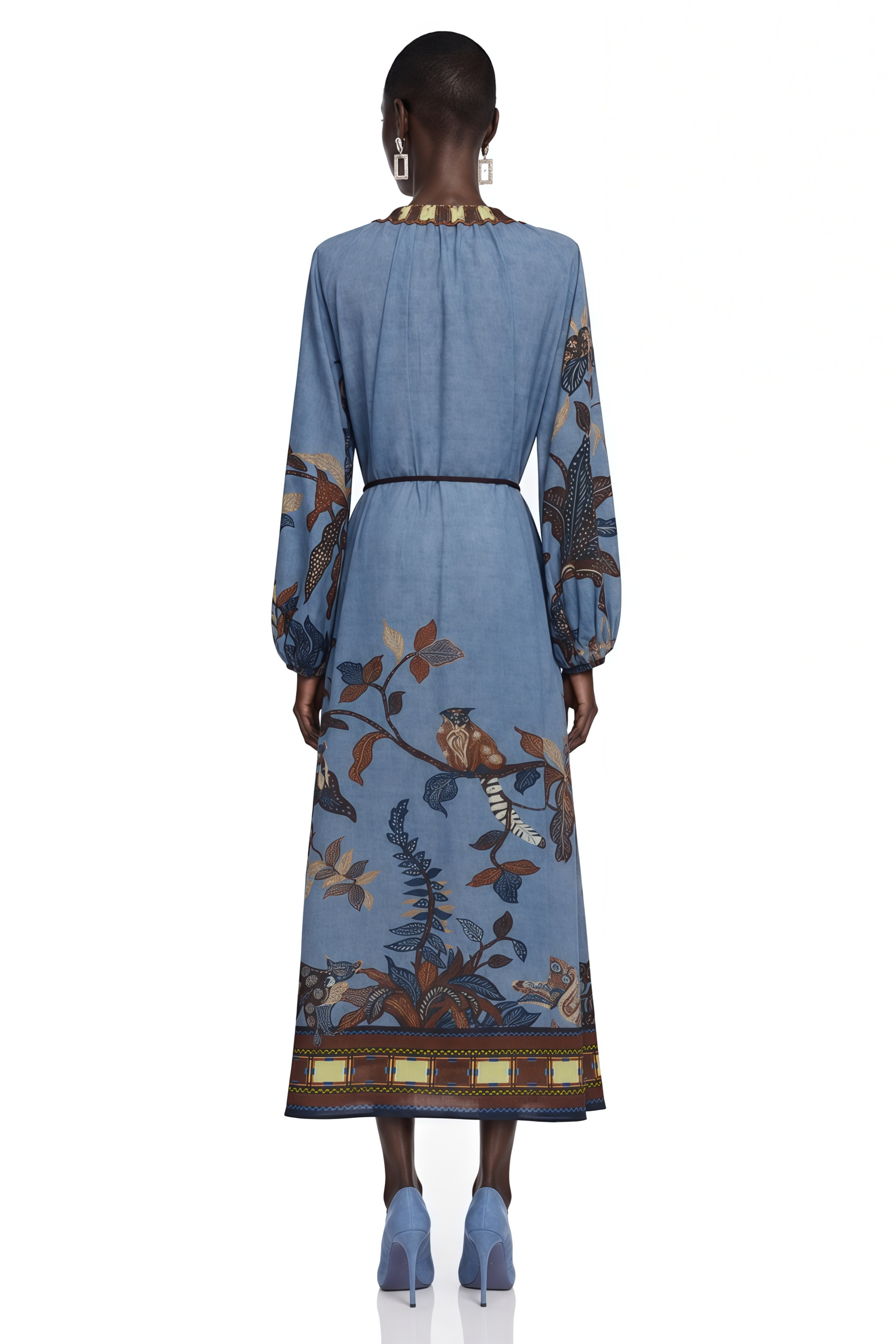 Lunaria Blue Printed Long Sleeve Midi Dress