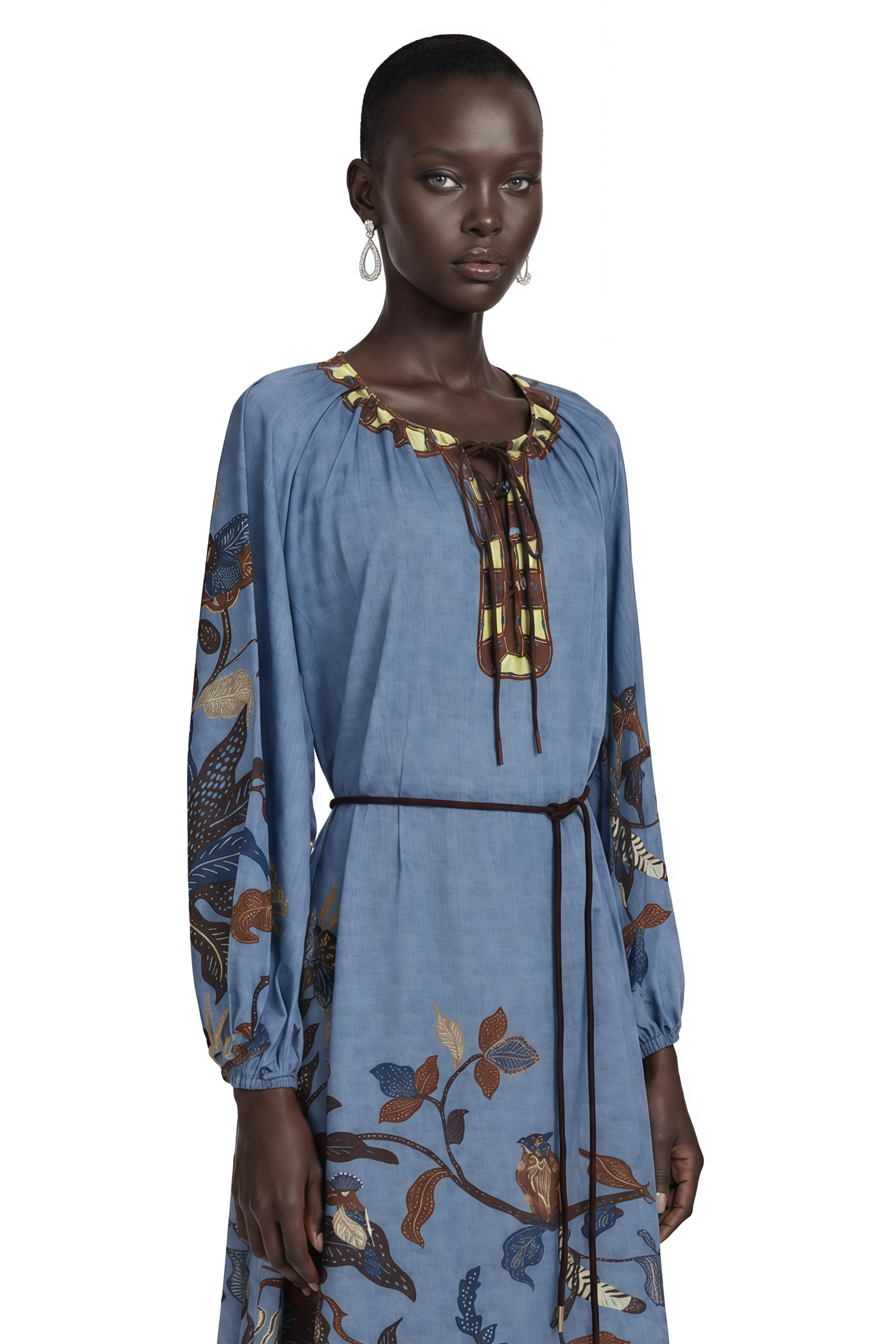 Lunaria Blue Printed Long Sleeve Midi Dress