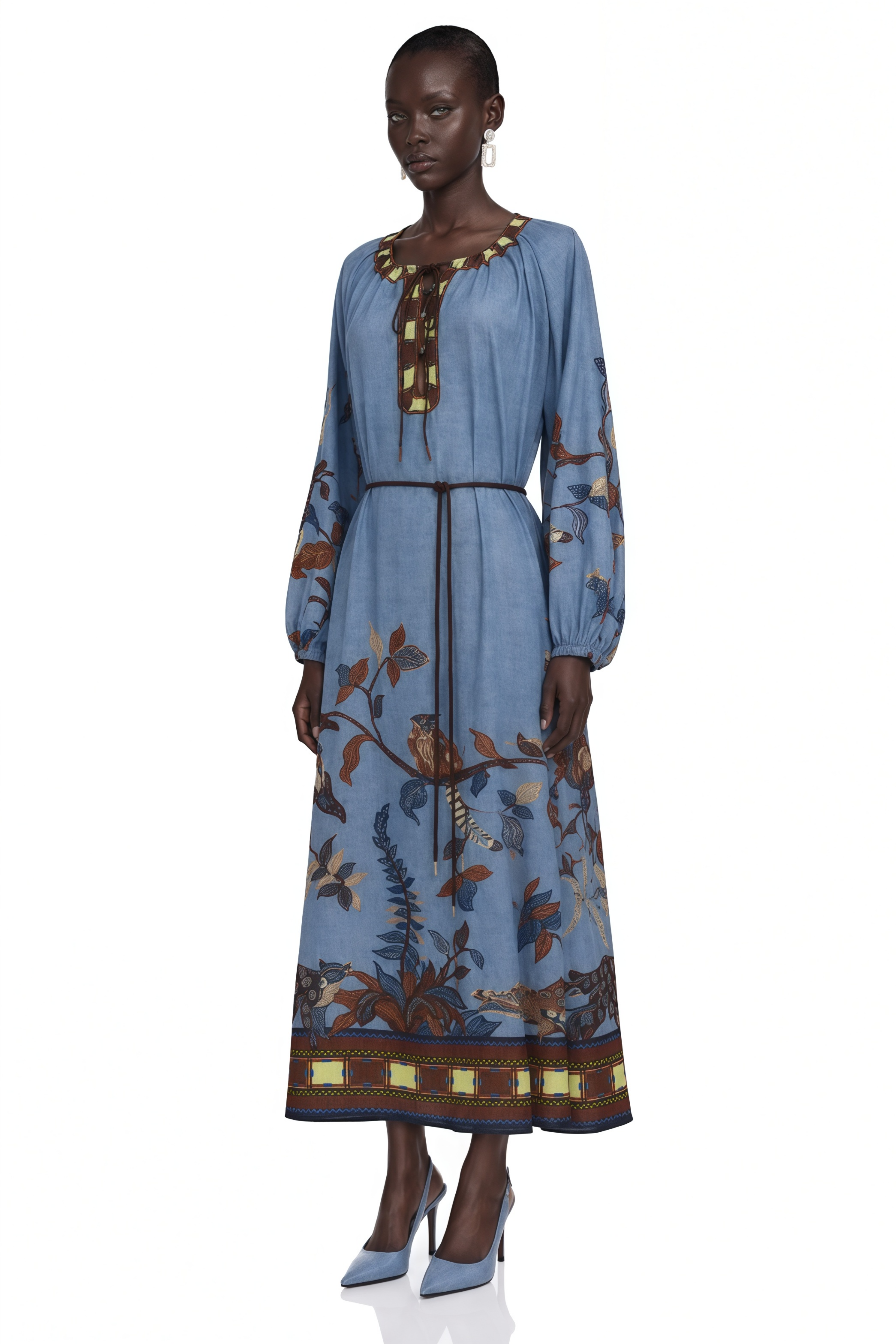 Lunaria Blue Printed Long Sleeve Midi Dress