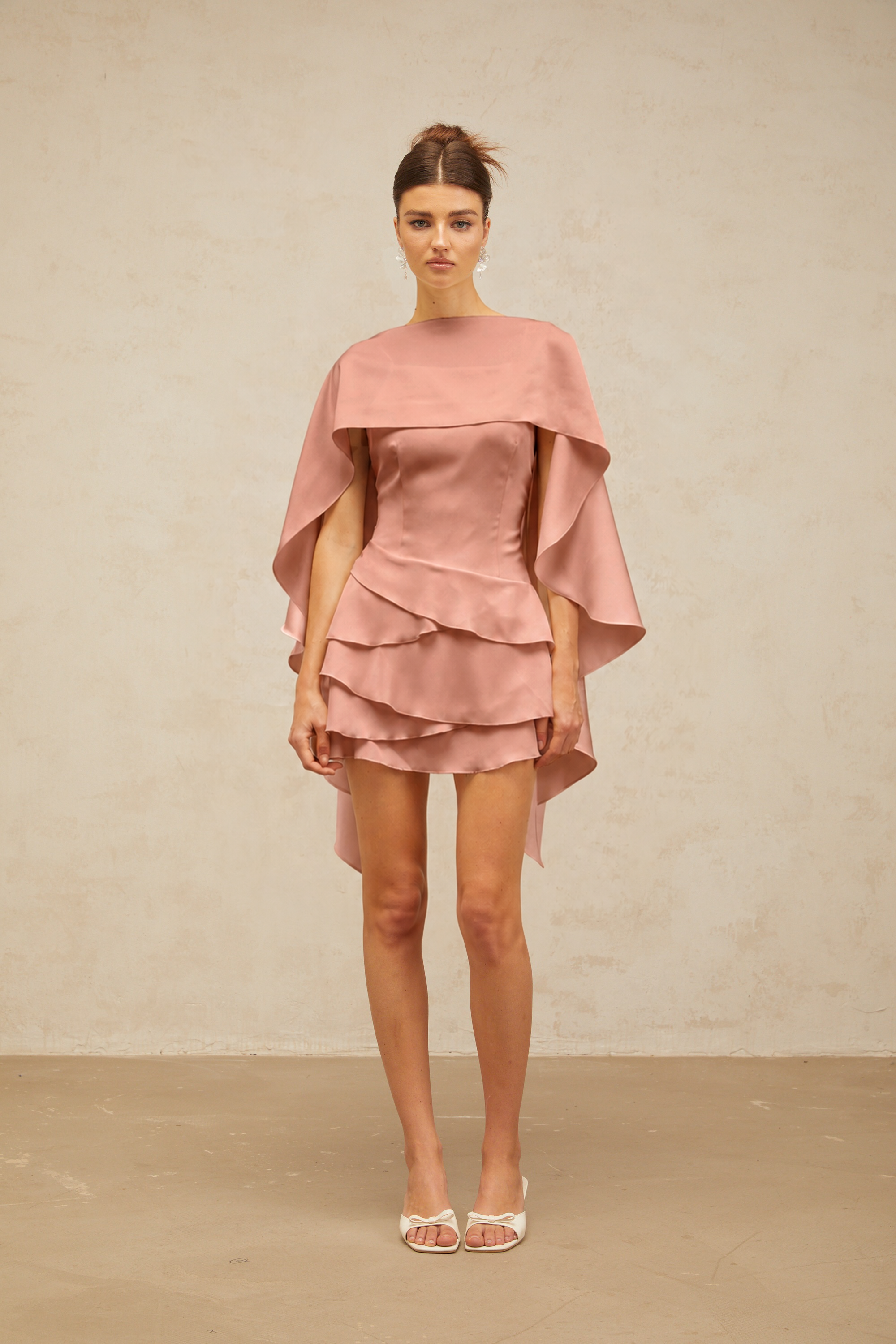 Lyna Pink Satin Ruffled Mini Dress with Shawl Panel Detail (Final Sale)