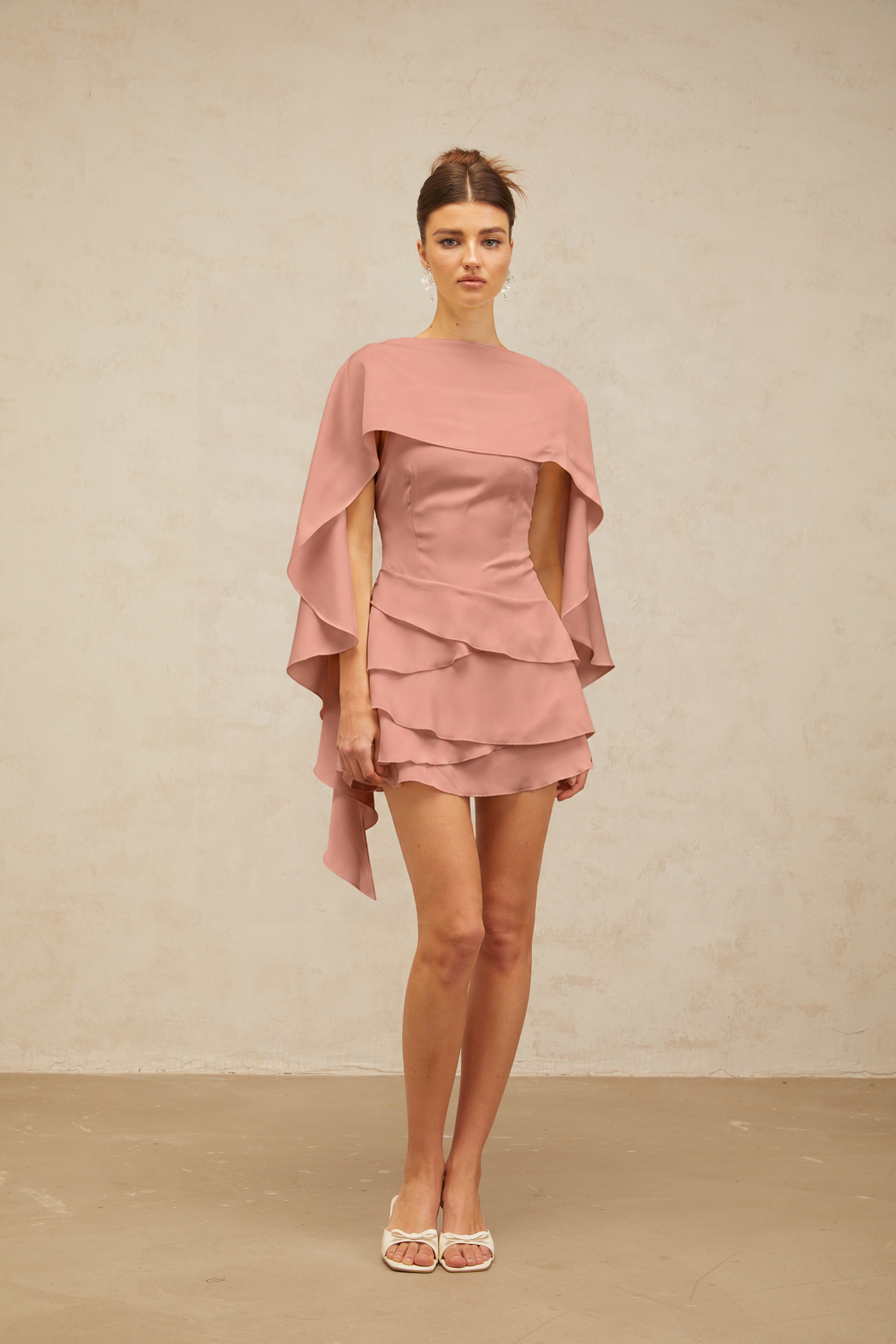 Lyna Pink Satin Ruffled Mini Dress with Shawl Panel Detail (Final Sale)