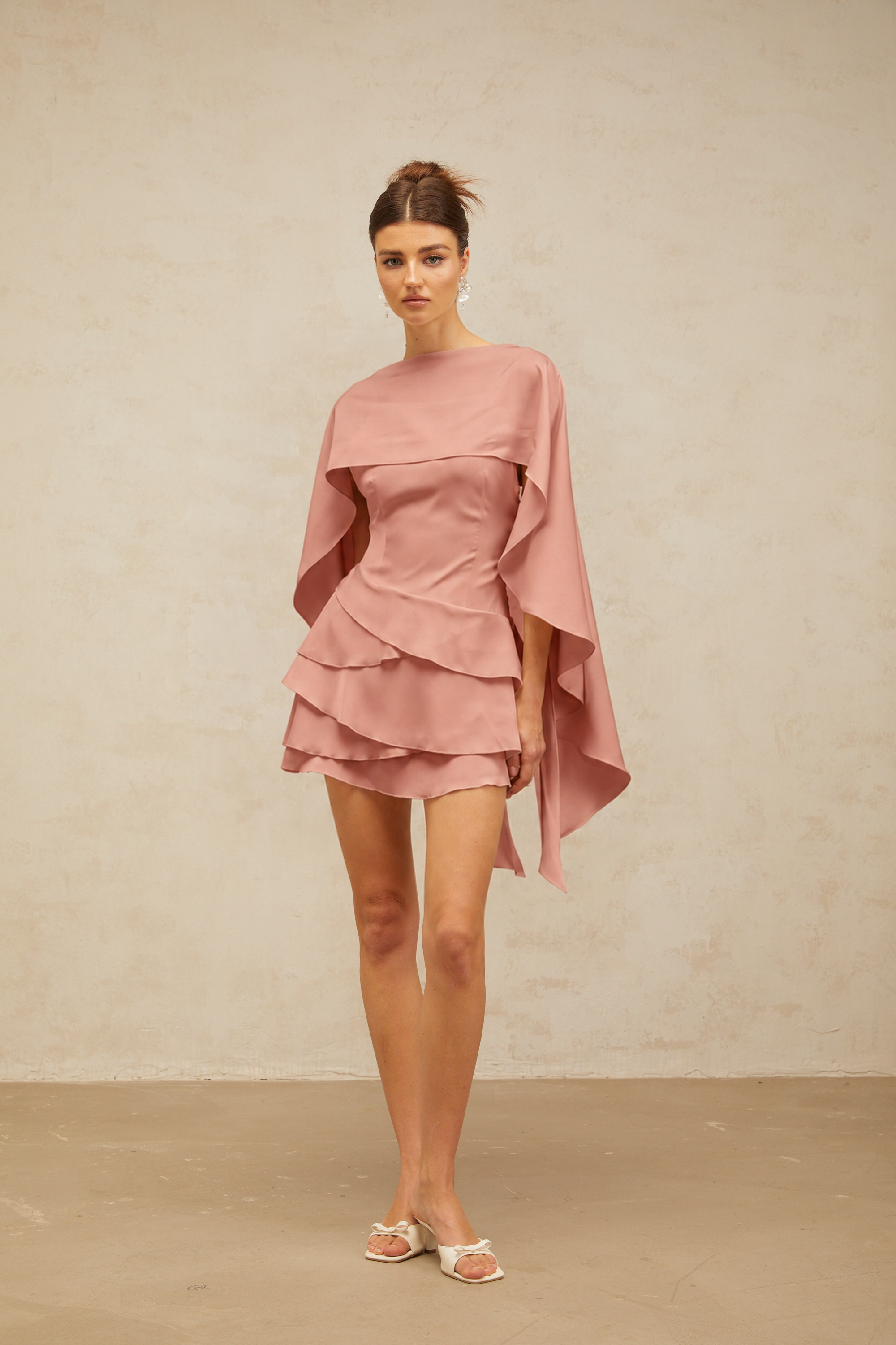 Lyna Pink Satin Ruffled Mini Dress with Shawl Panel Detail (Final Sale)
