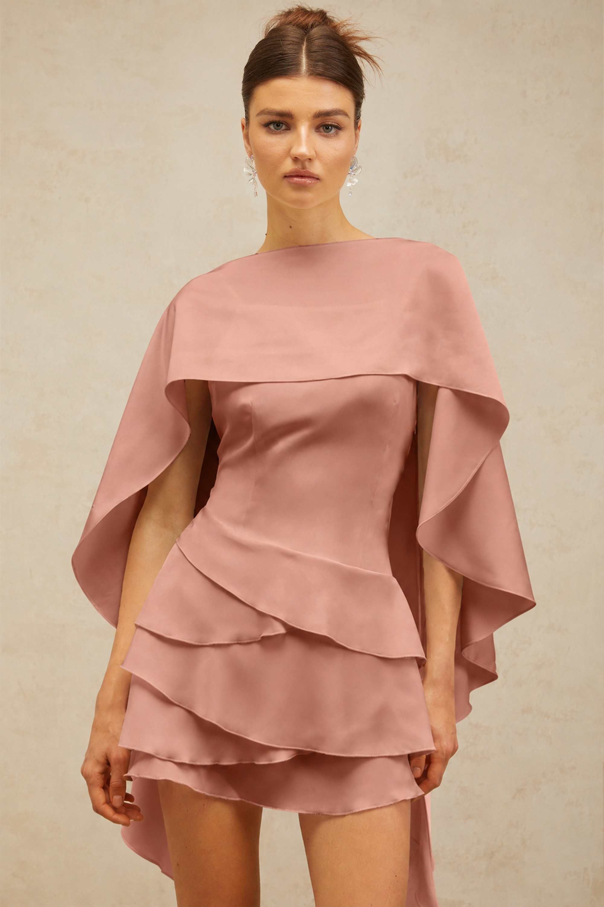 Lyna Pink Satin Ruffled Mini Dress with Shawl Panel Detail (Final Sale)