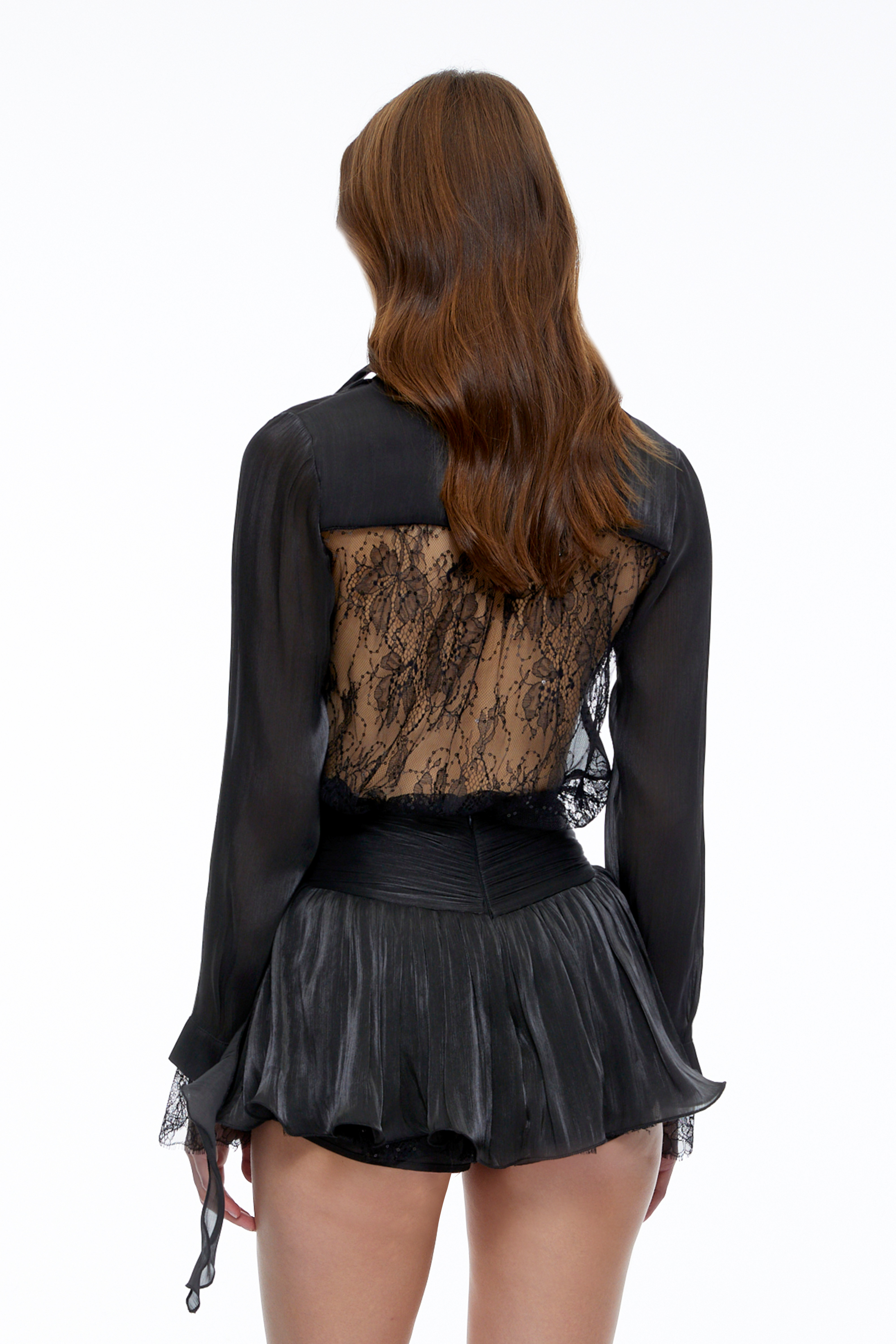 Lyra Black V-Neck Lace Blouse & Ruched Skirt Set