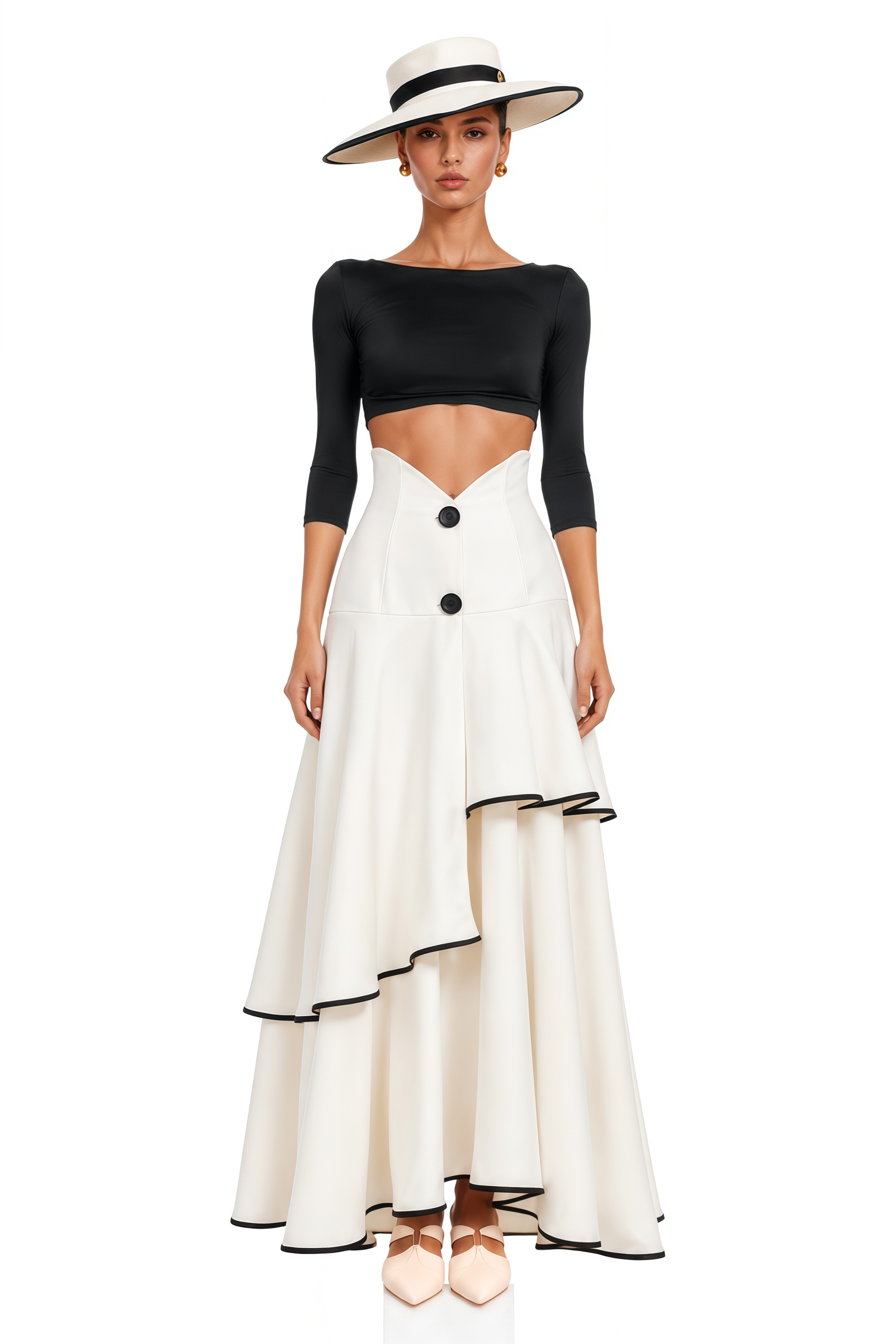 Lysandre White Color Block Top & Tiered Skirt Set