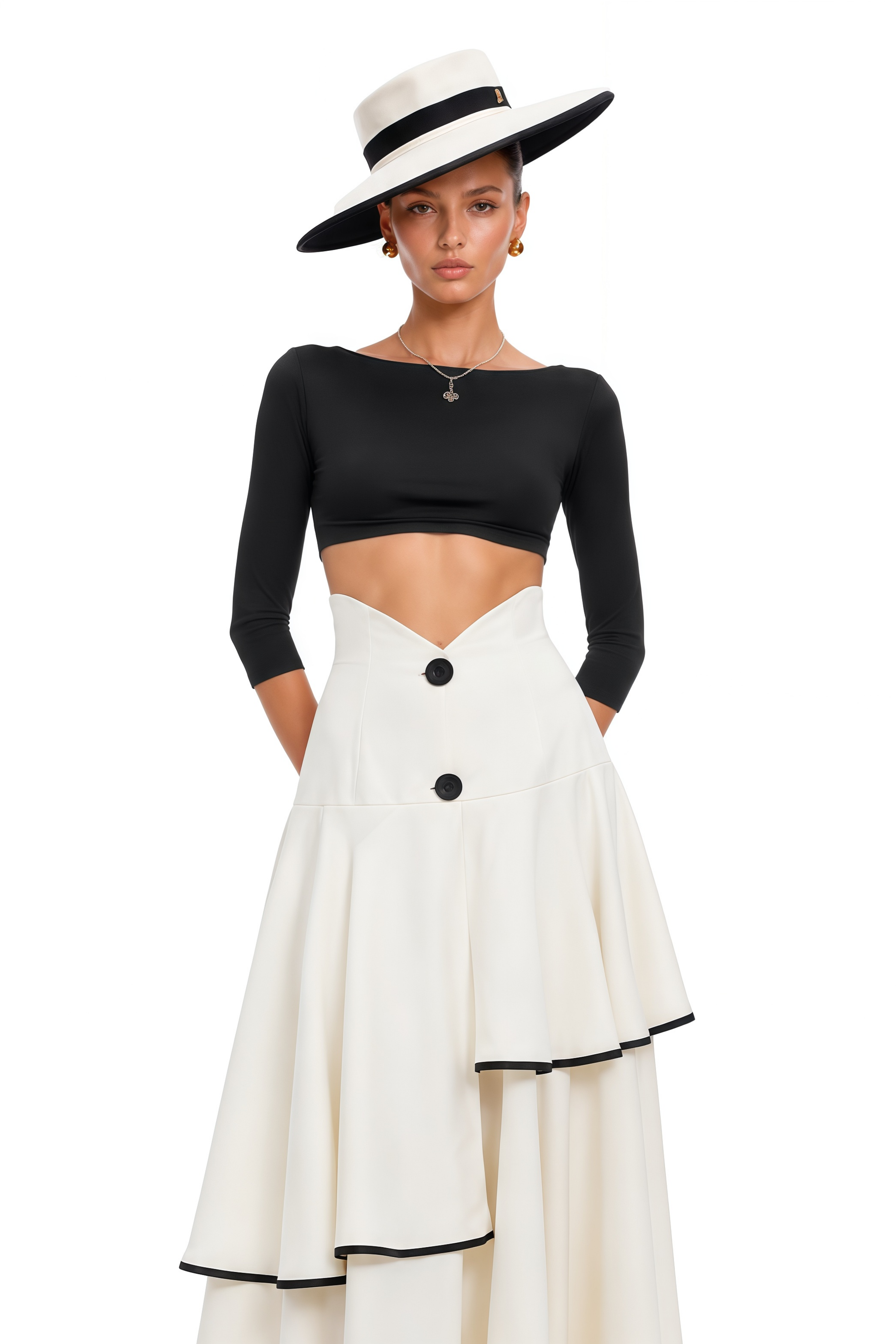 Lysandre White Color Block Top & Tiered Skirt Set