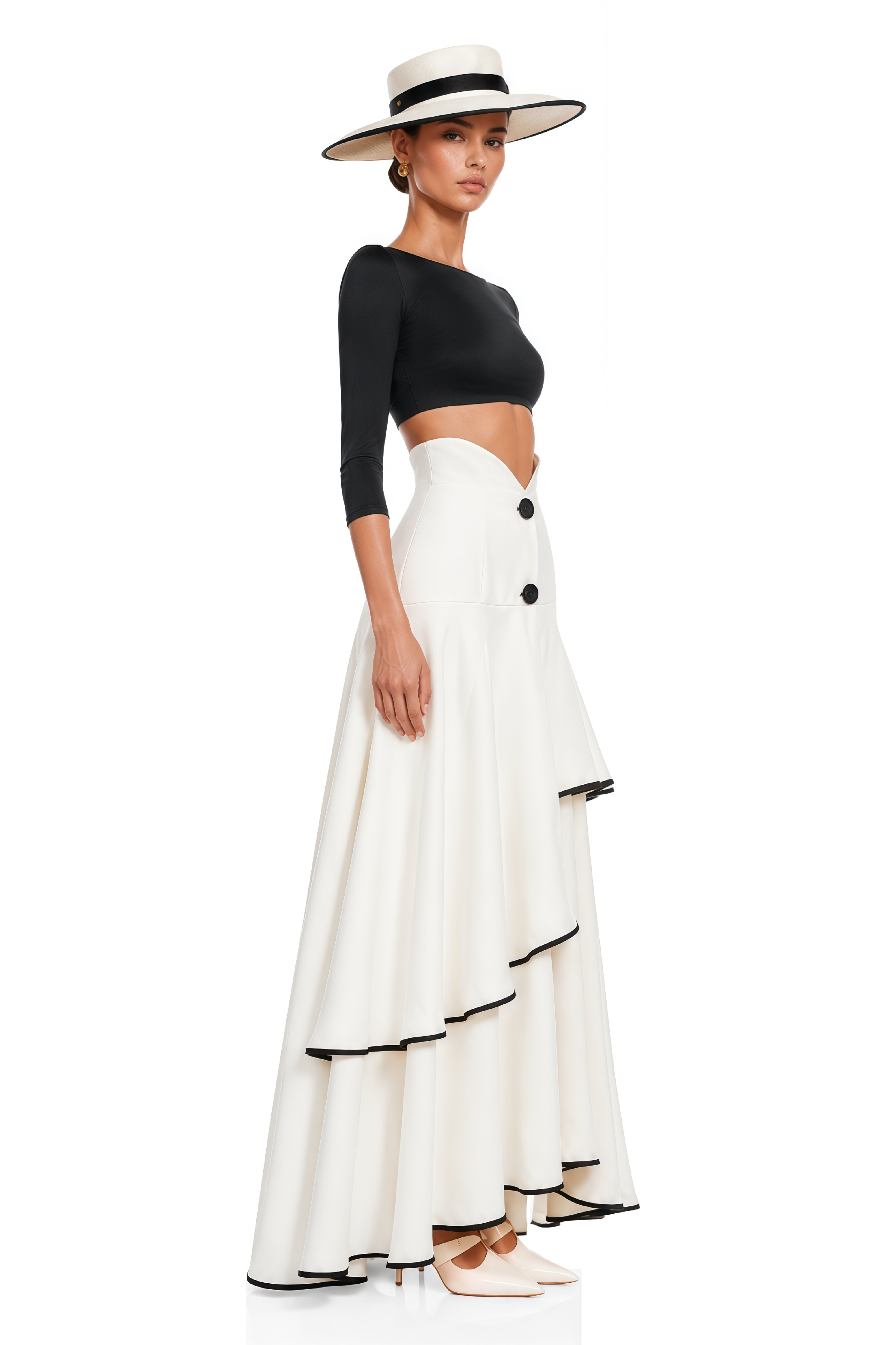Lysandre White Color Block Top & Tiered Skirt Set