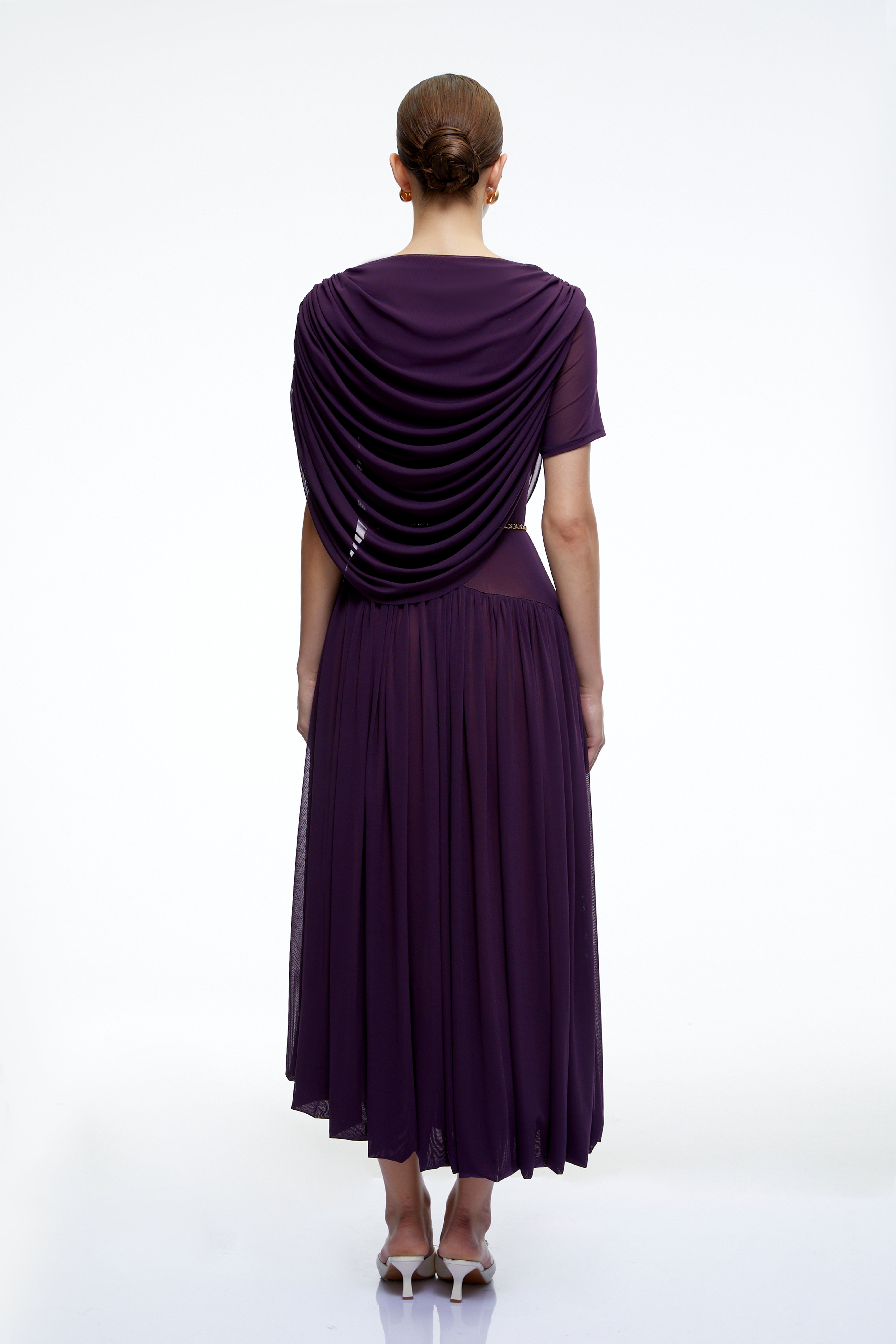 Lysiane Purple Draped Cape Pleated Midi Dress