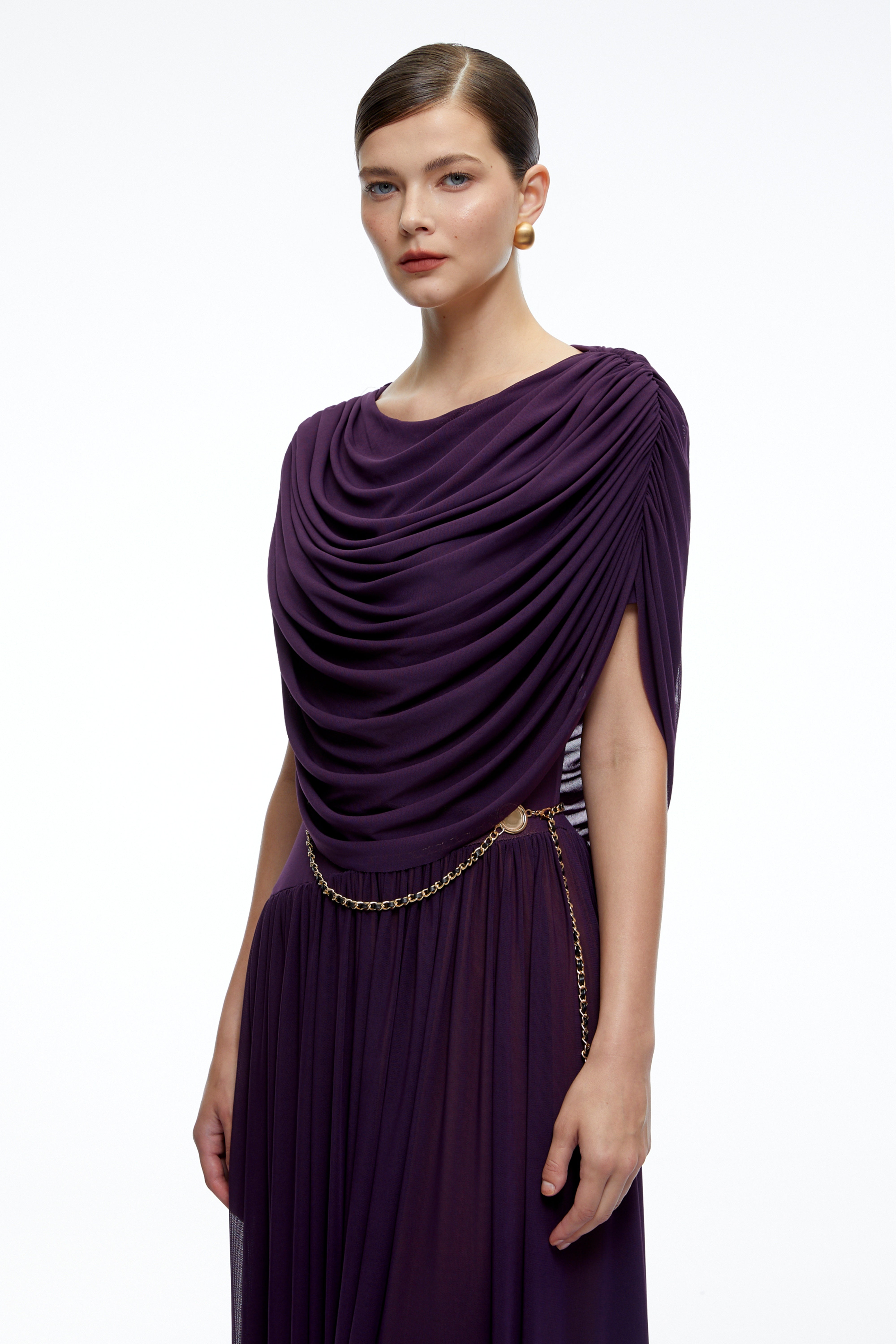 Lysiane Purple Draped Cape Pleated Midi Dress