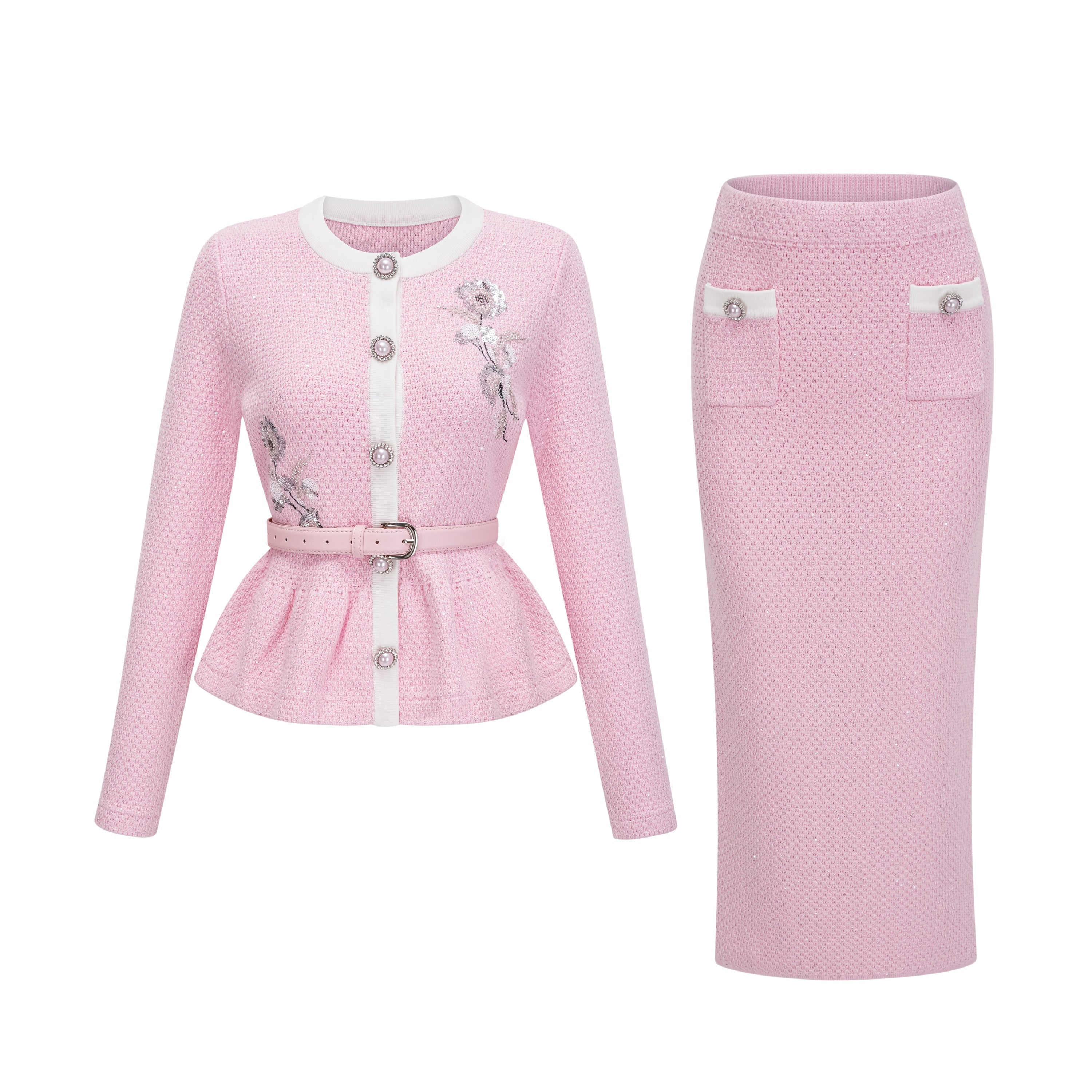 Ásdís Pink Sequined Knit Cardigan & Skirt Set (Final Sale)