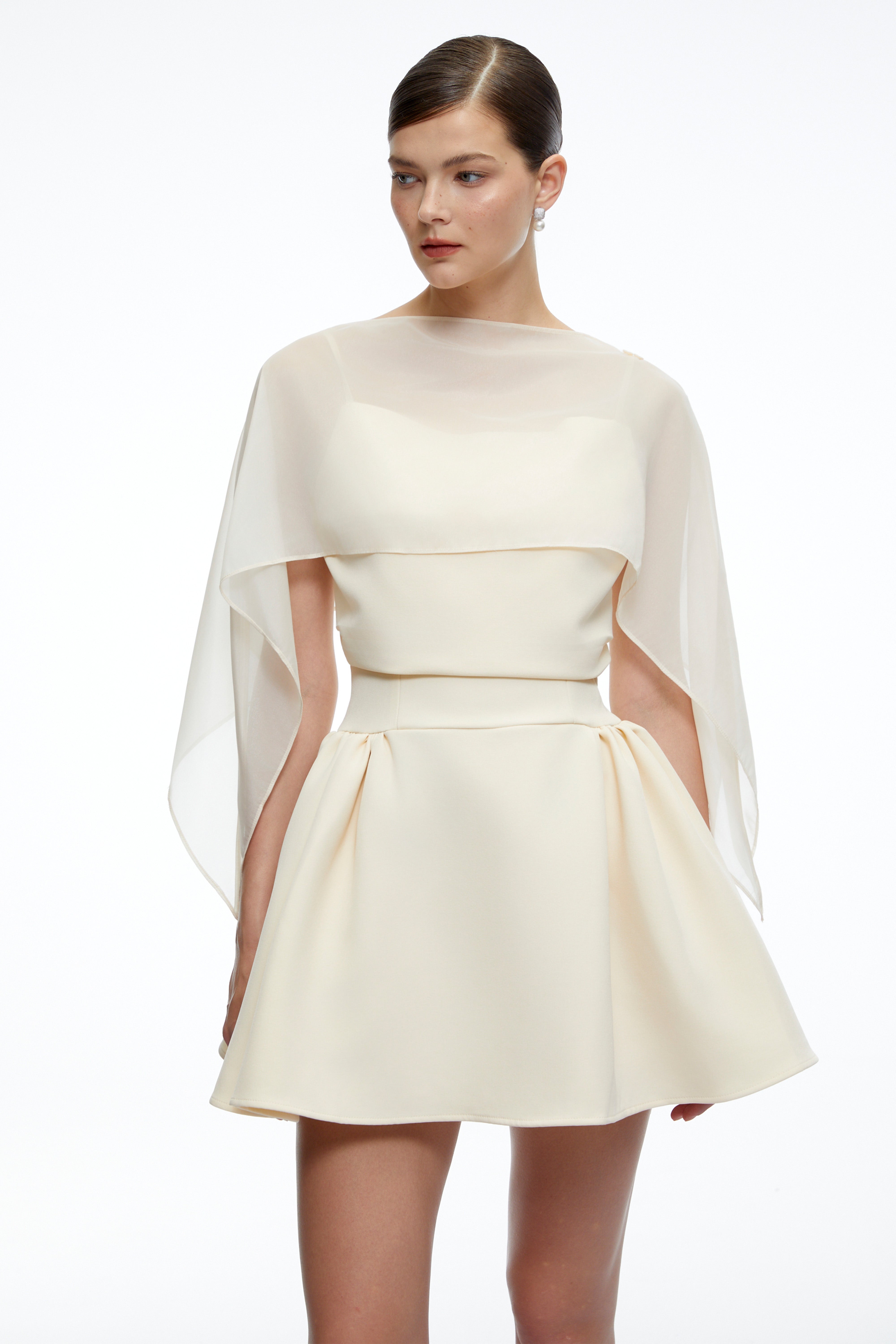 Madeleine Neutral Semi-Sheer Flared Mini Dress with Shawl