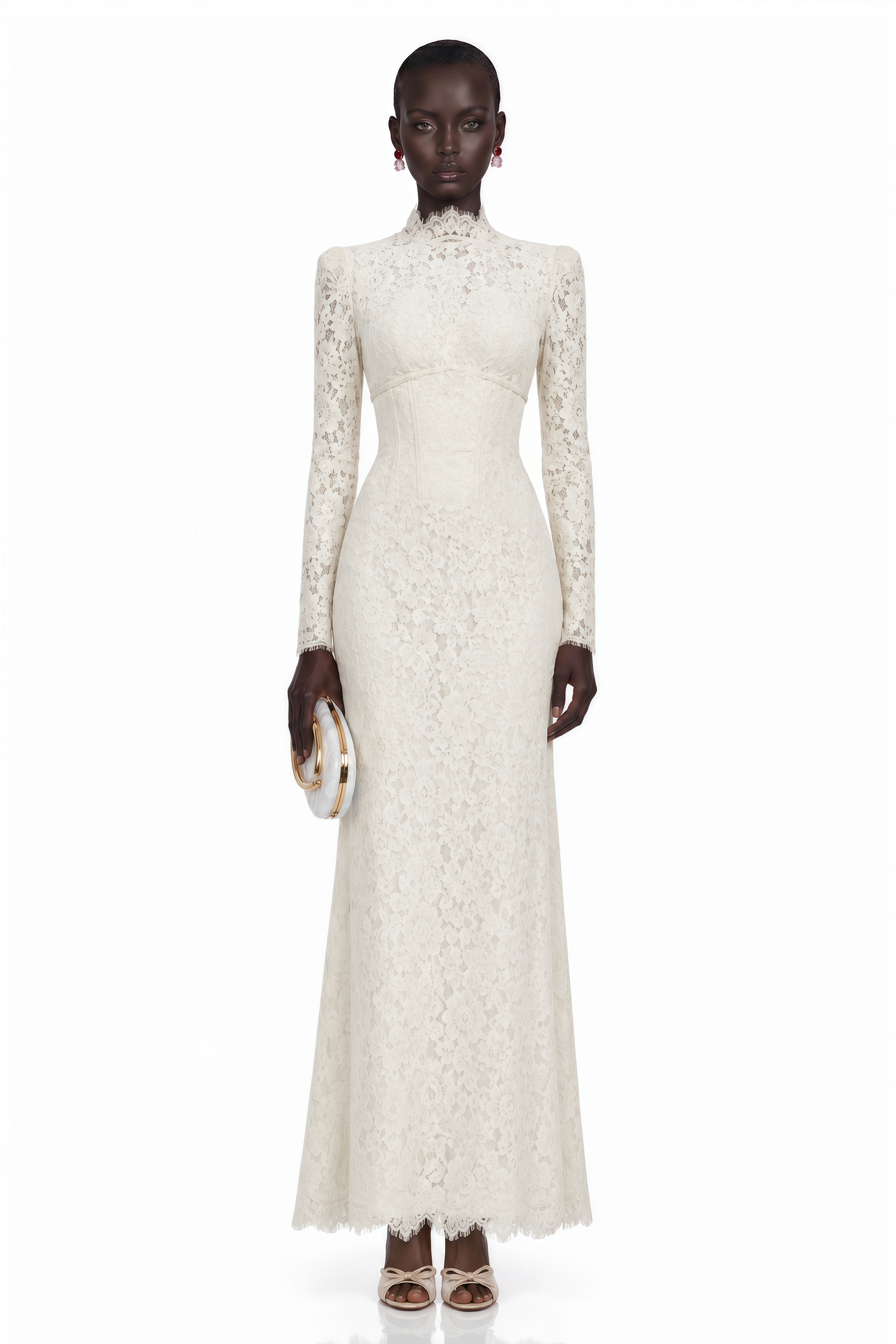 Cream long-sleeve lace gown with a high neck and structured bodice