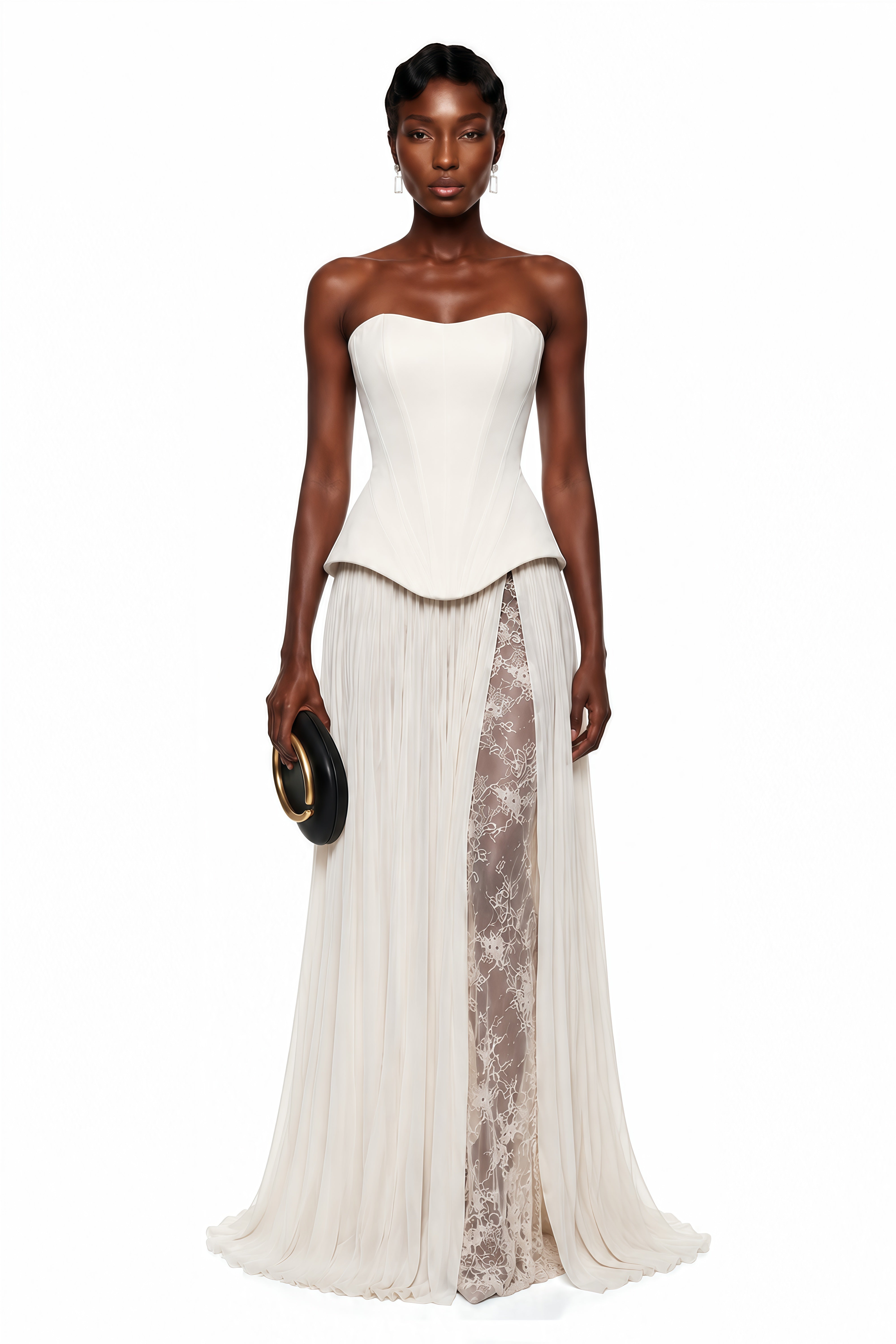 White strapless maxi dress with a structured peplum corset bodice, pleated skirt, and lace-underlaid high leg slit