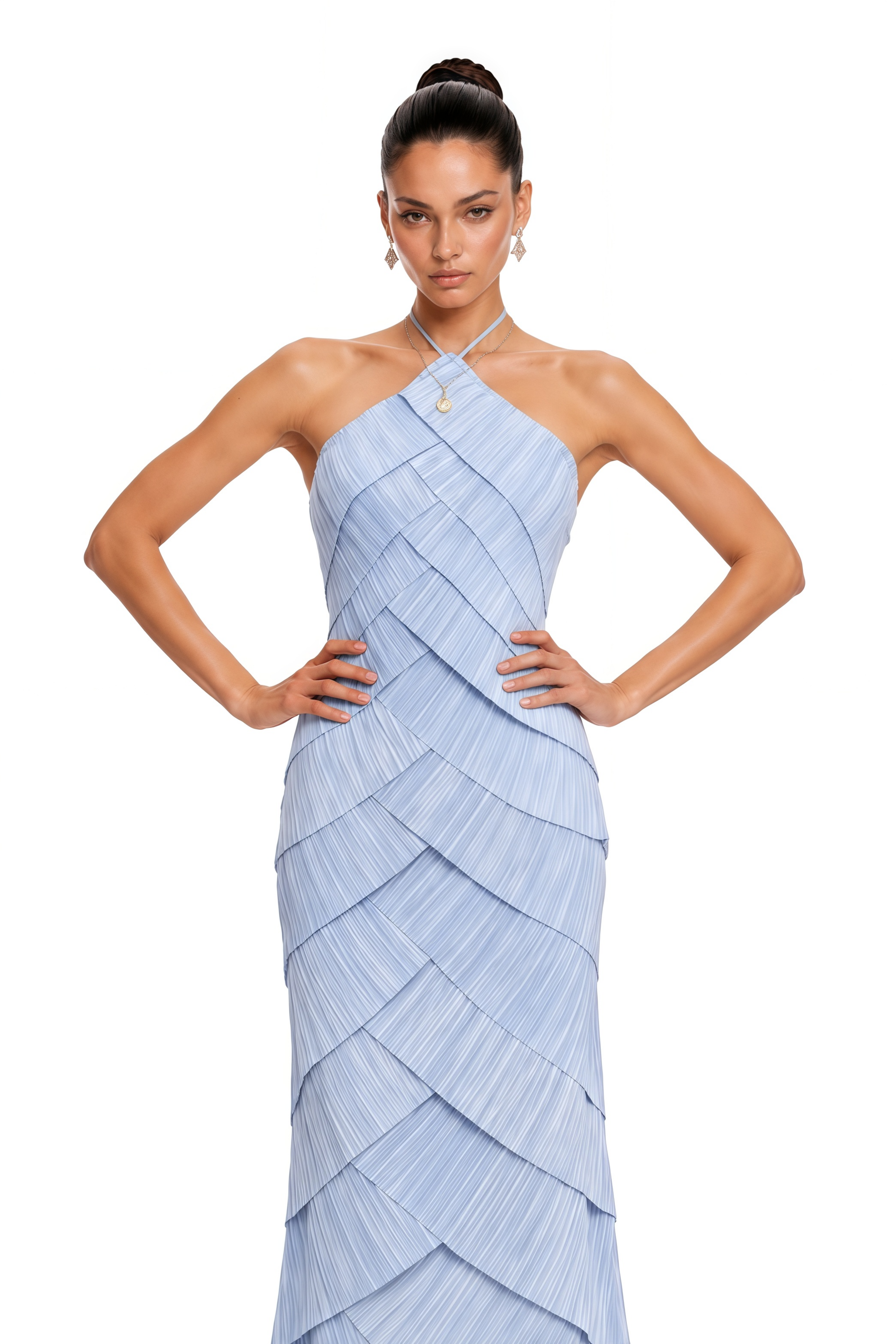 Robe longue plissée à col licou Mara Blue
