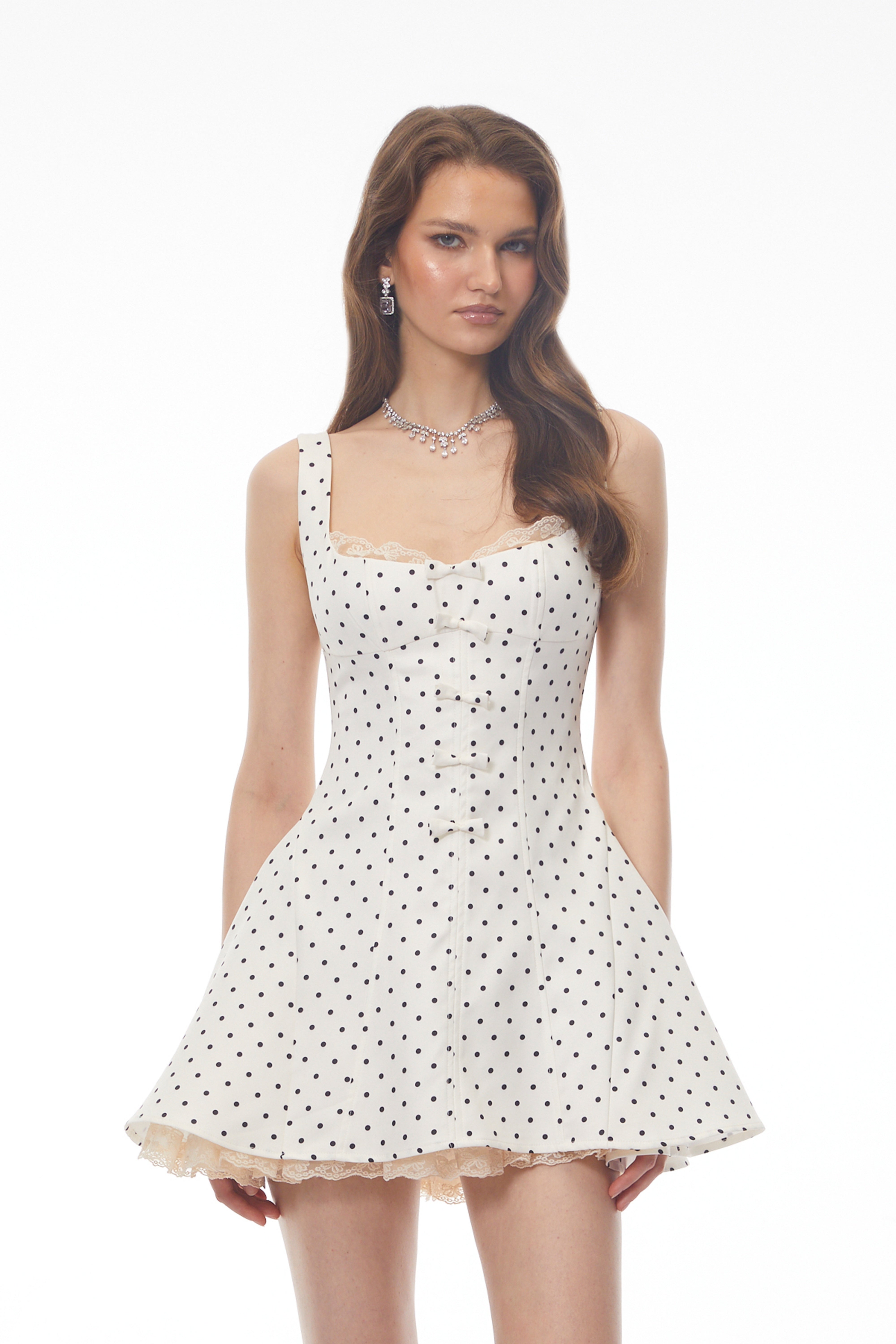 Margaux White Polka Dot A-Line Mini Dress with Bow (Final Sale)