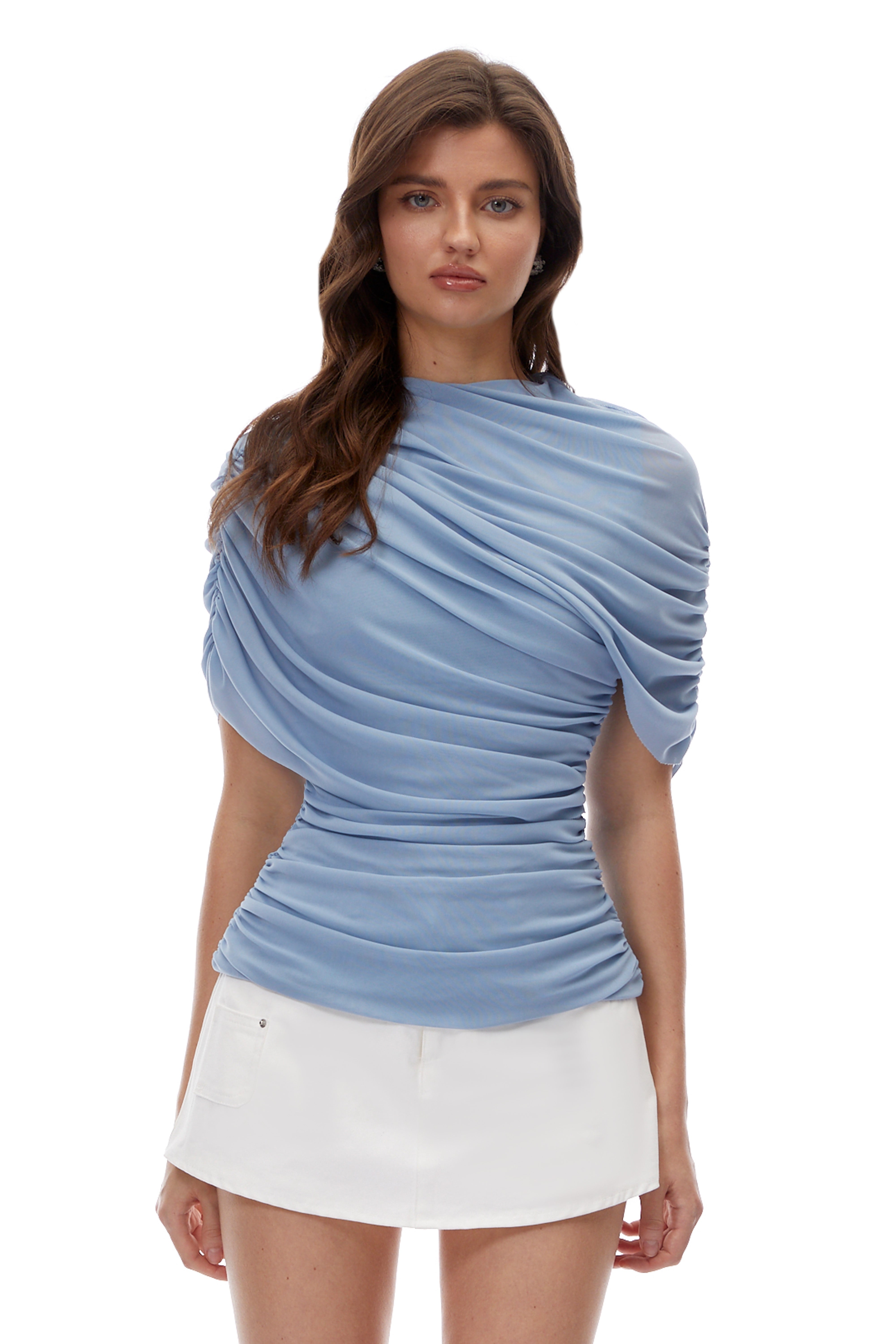 Margauxr Blue Mock Neck Top with Ruched Sleeves
