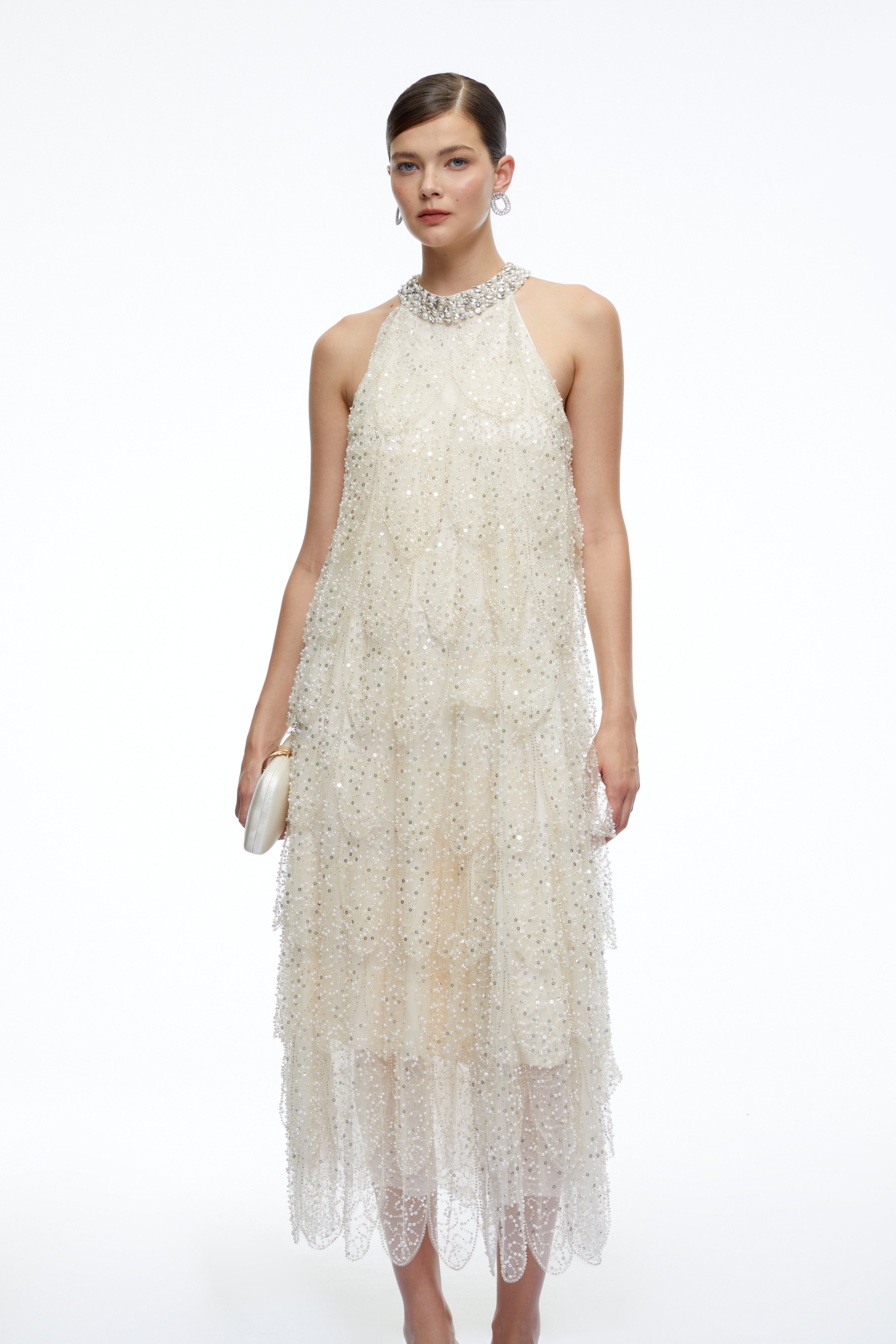 Maribel Crystal-Collar Embellished Midi Dress