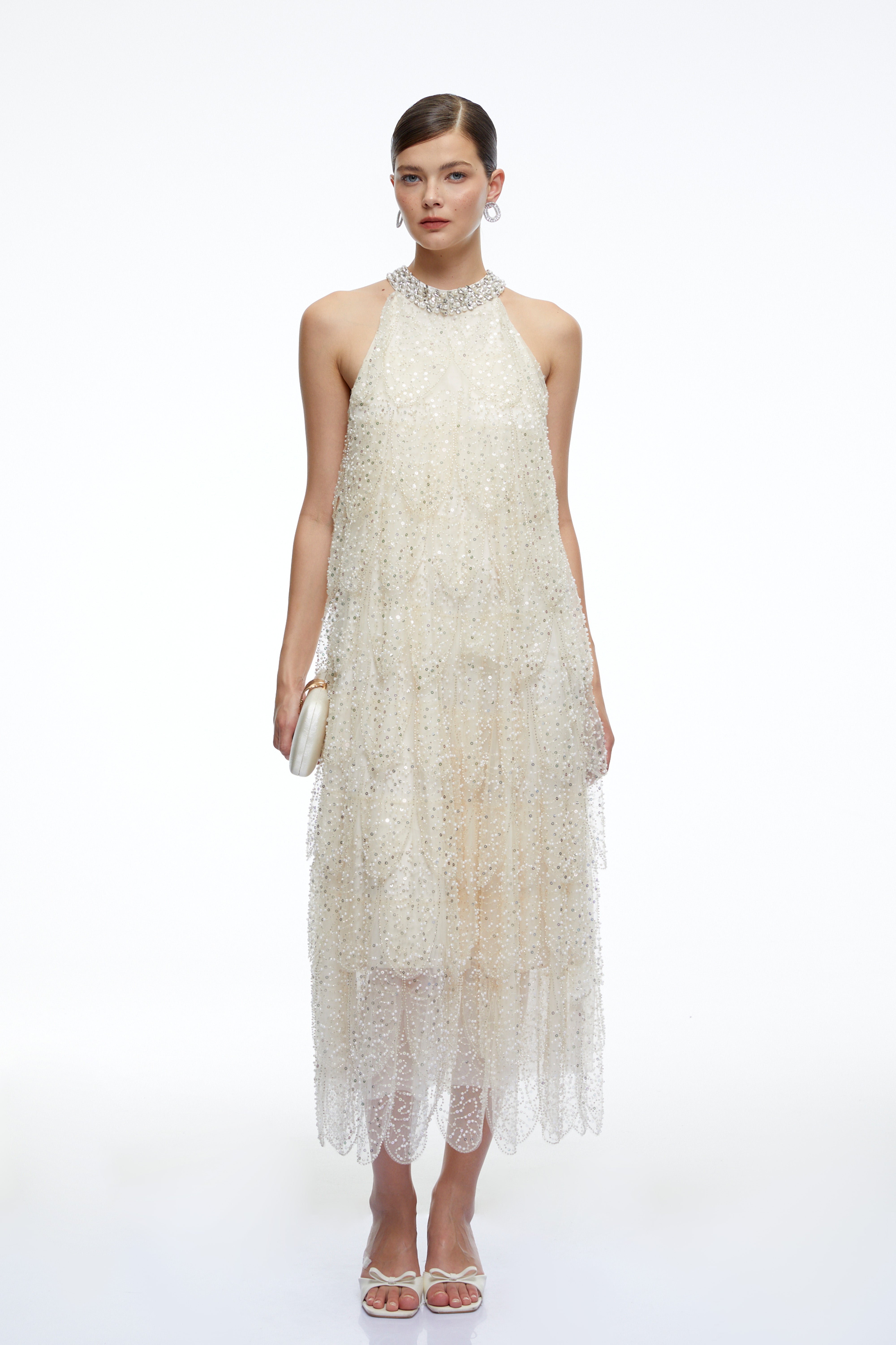 Maribel Crystal-Collar Embellished Midi Dress
