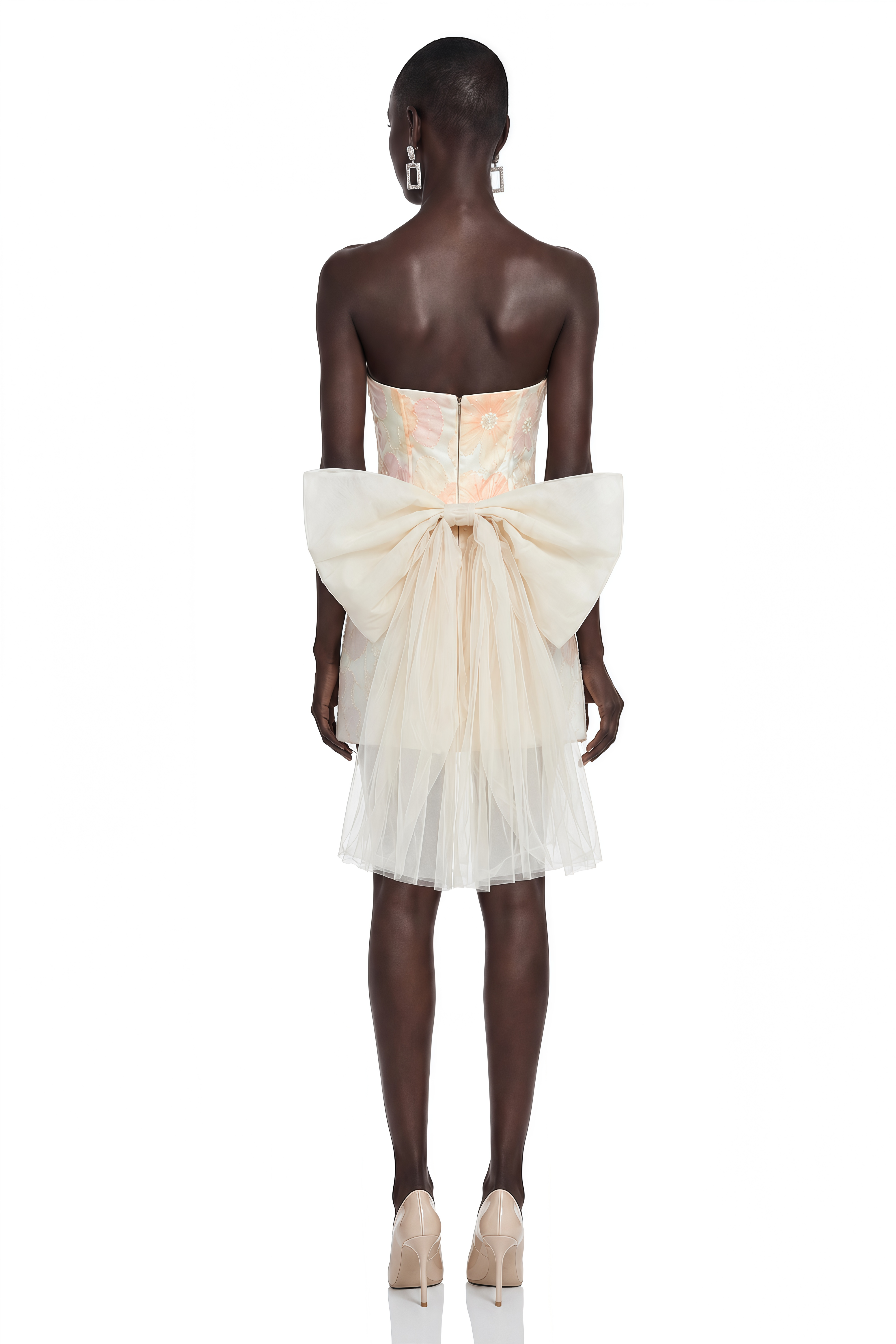 Marielle Neutral 3D Floral Mini Dress with Bow Detail