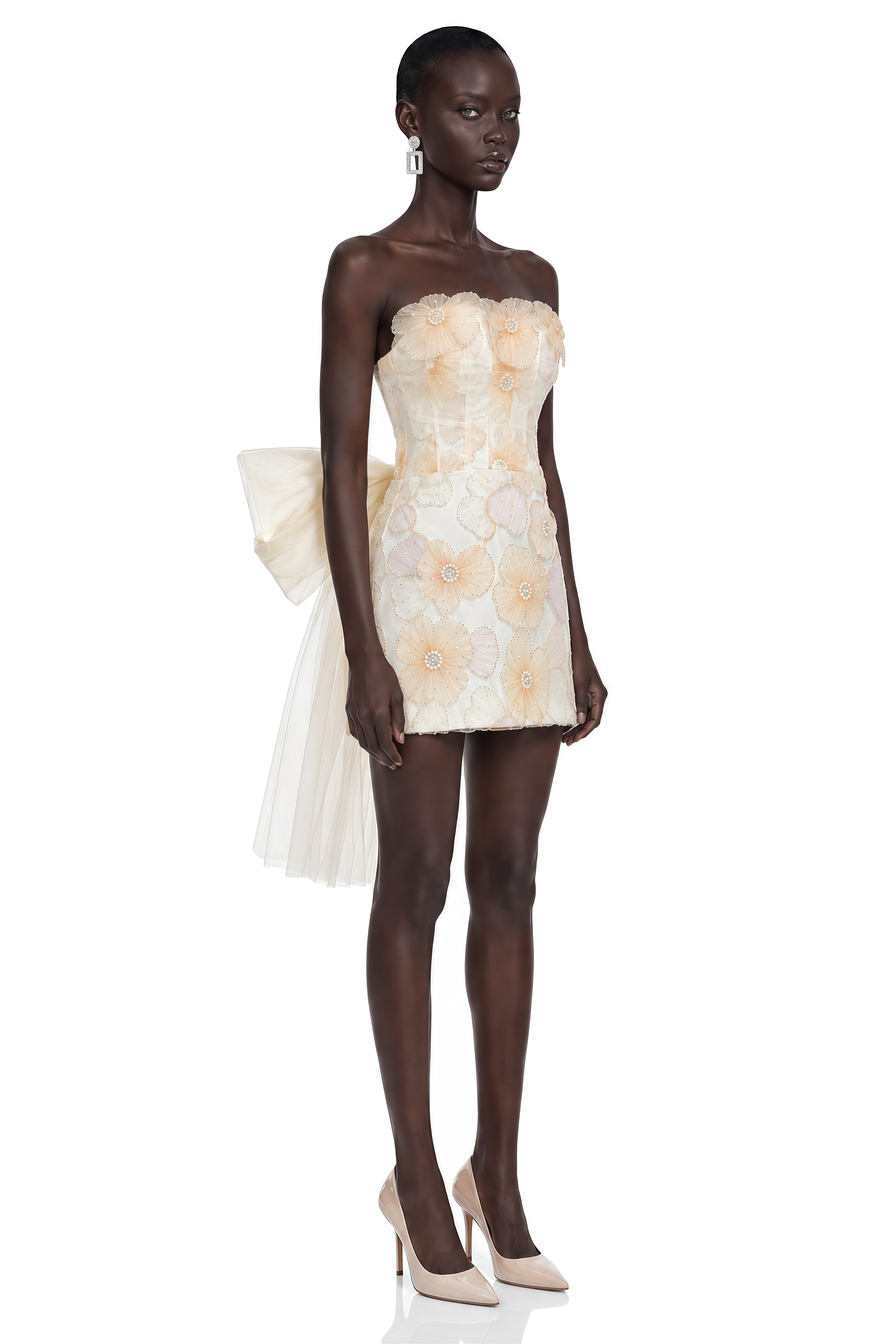 Marielle Neutral 3D Floral Mini Dress with Bow Detail