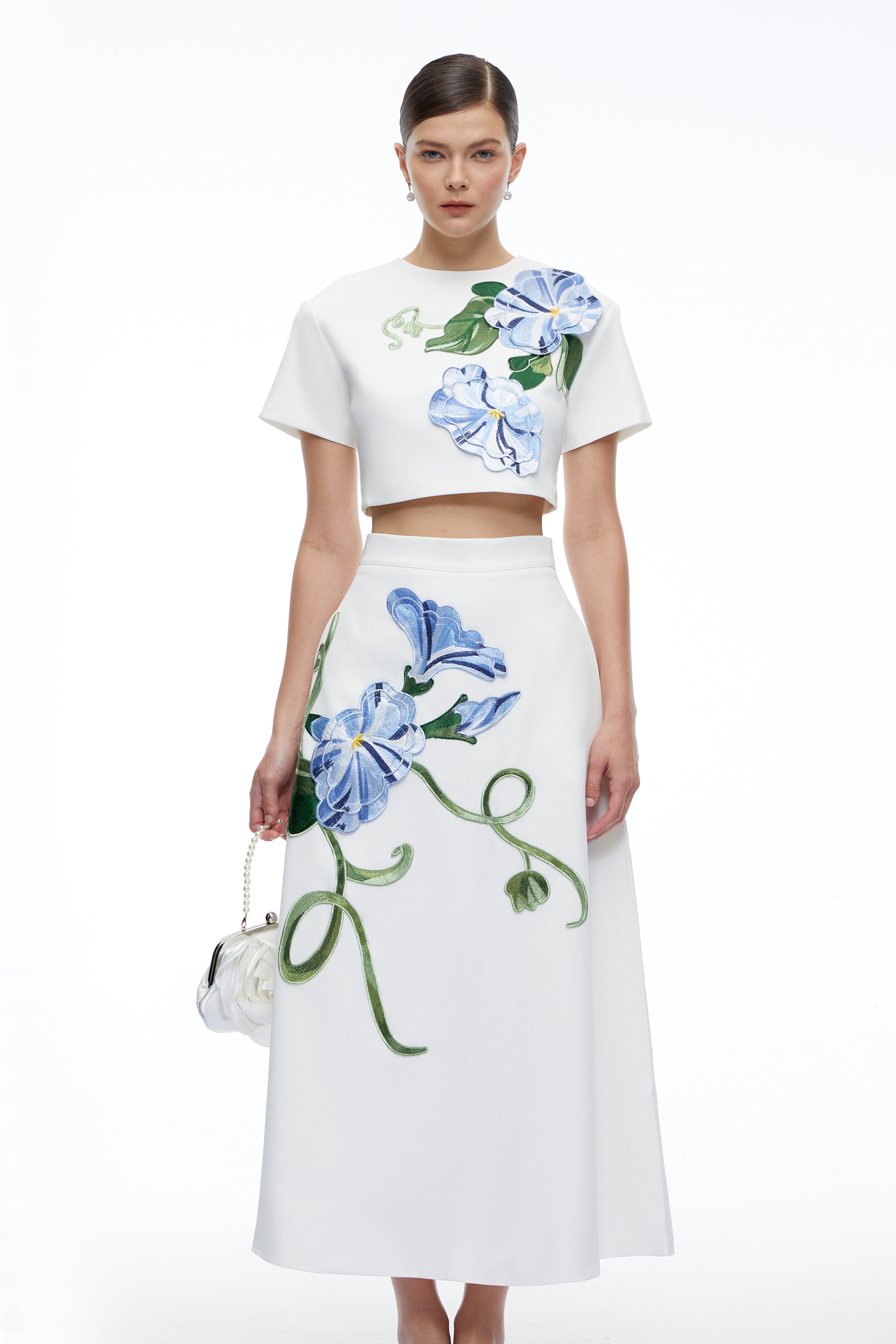 Marietta White Floral Applique Crop Top & Skirt Set