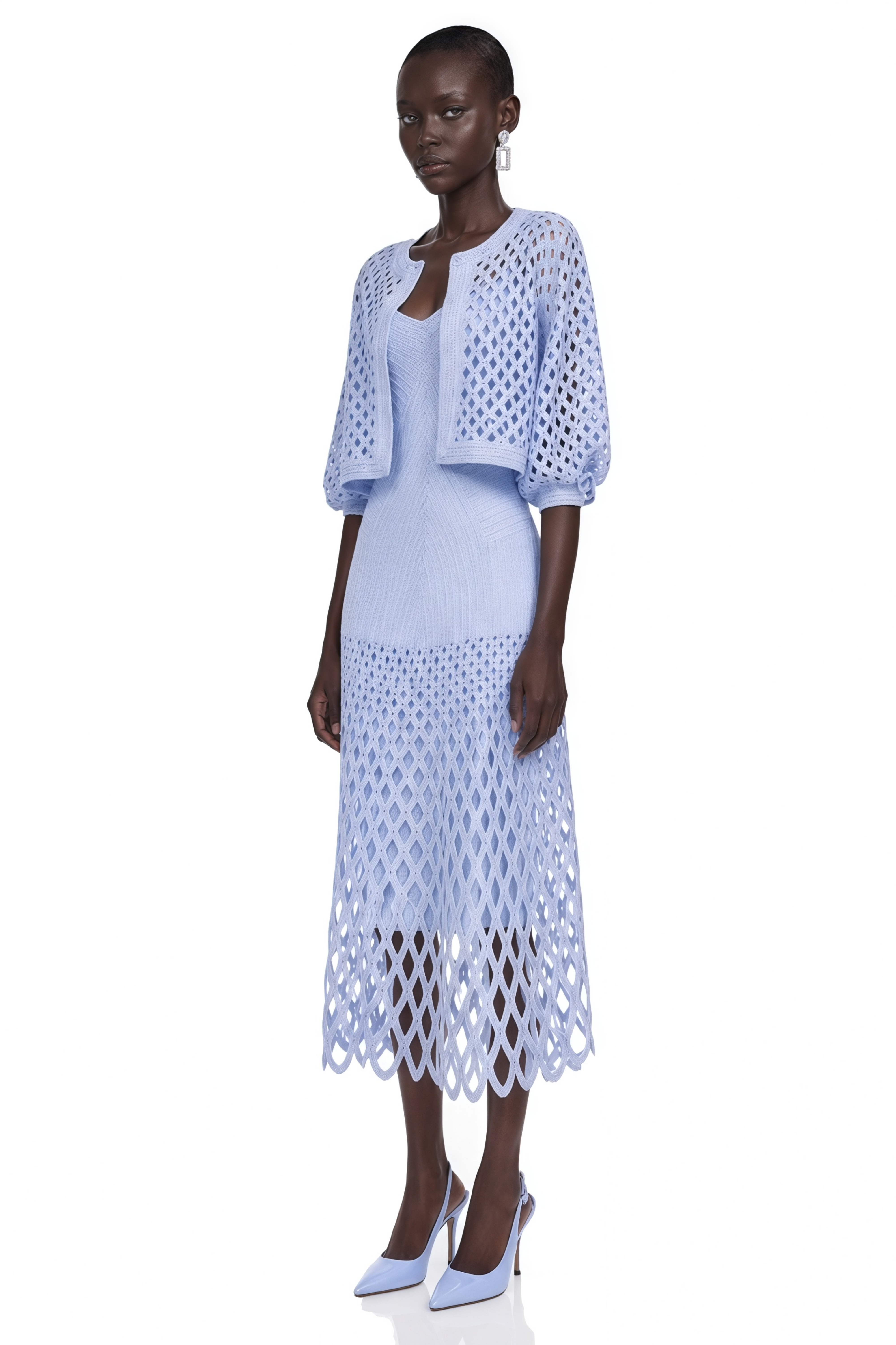 Marilyn Light Blue Midi Dress & Cape Set with Cut-Outs