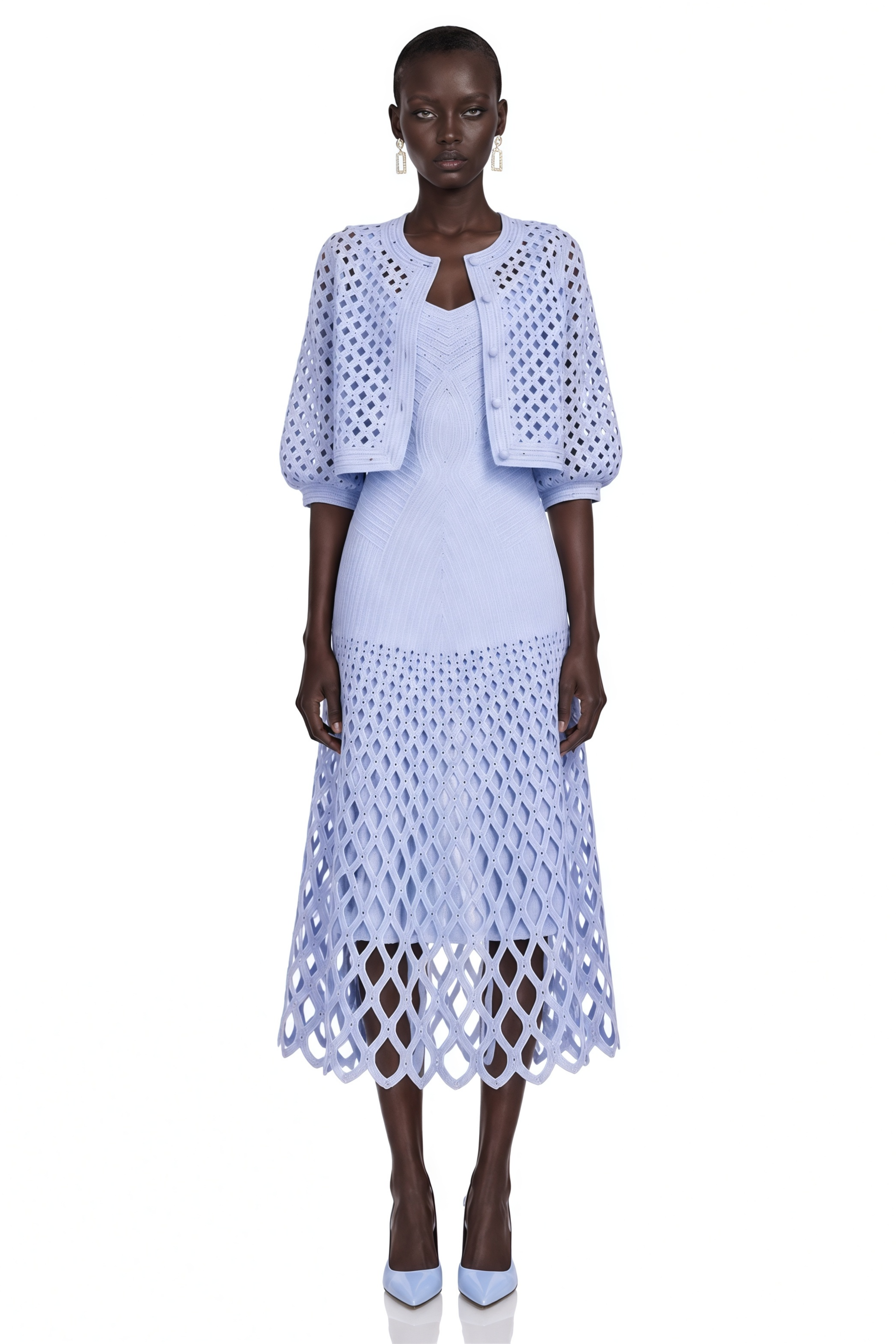 Marilyn Light Blue Midi Dress & Cape Set with Cut-Outs
