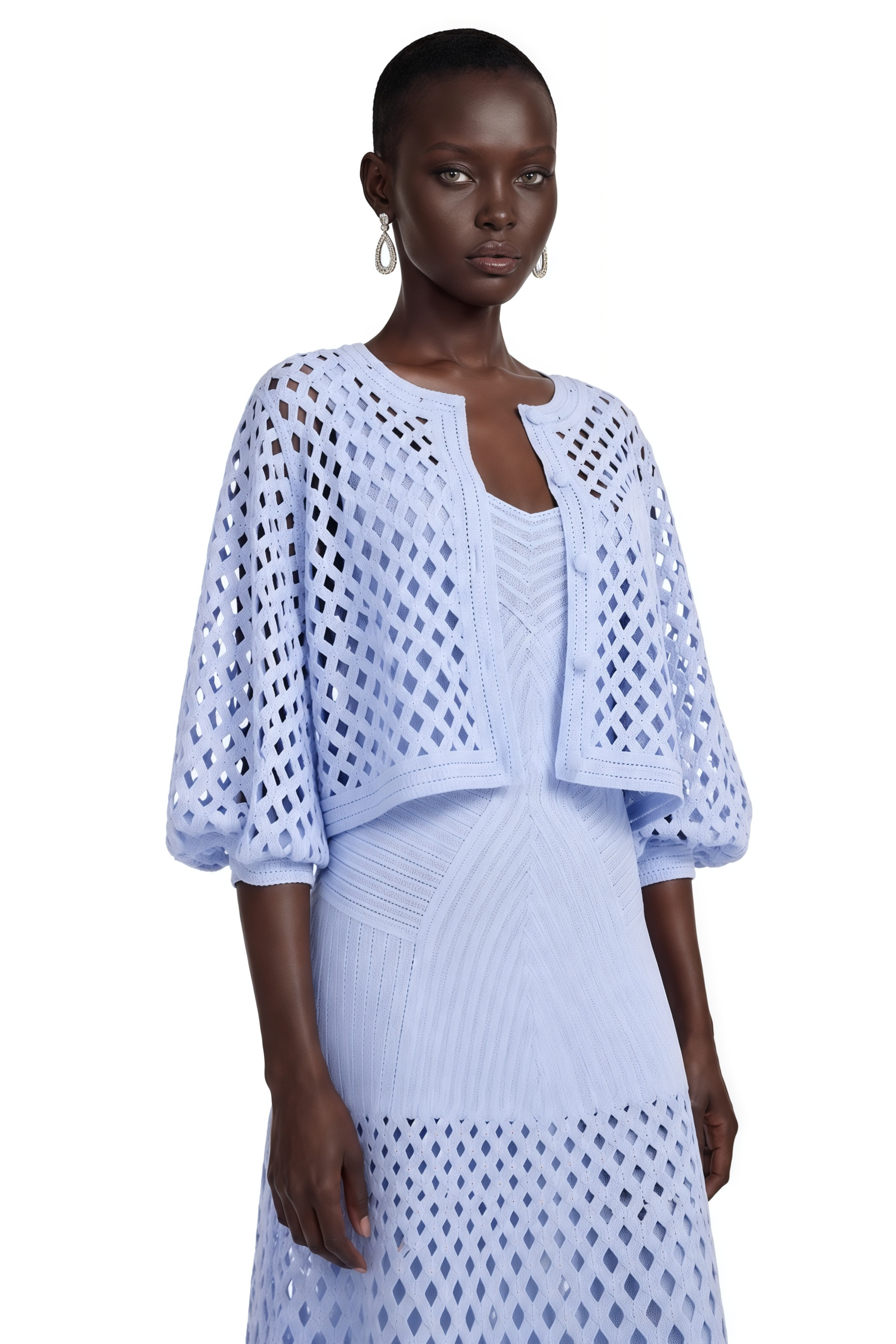 Marilyn Light Blue Midi Dress & Cape Set with Cut-Outs