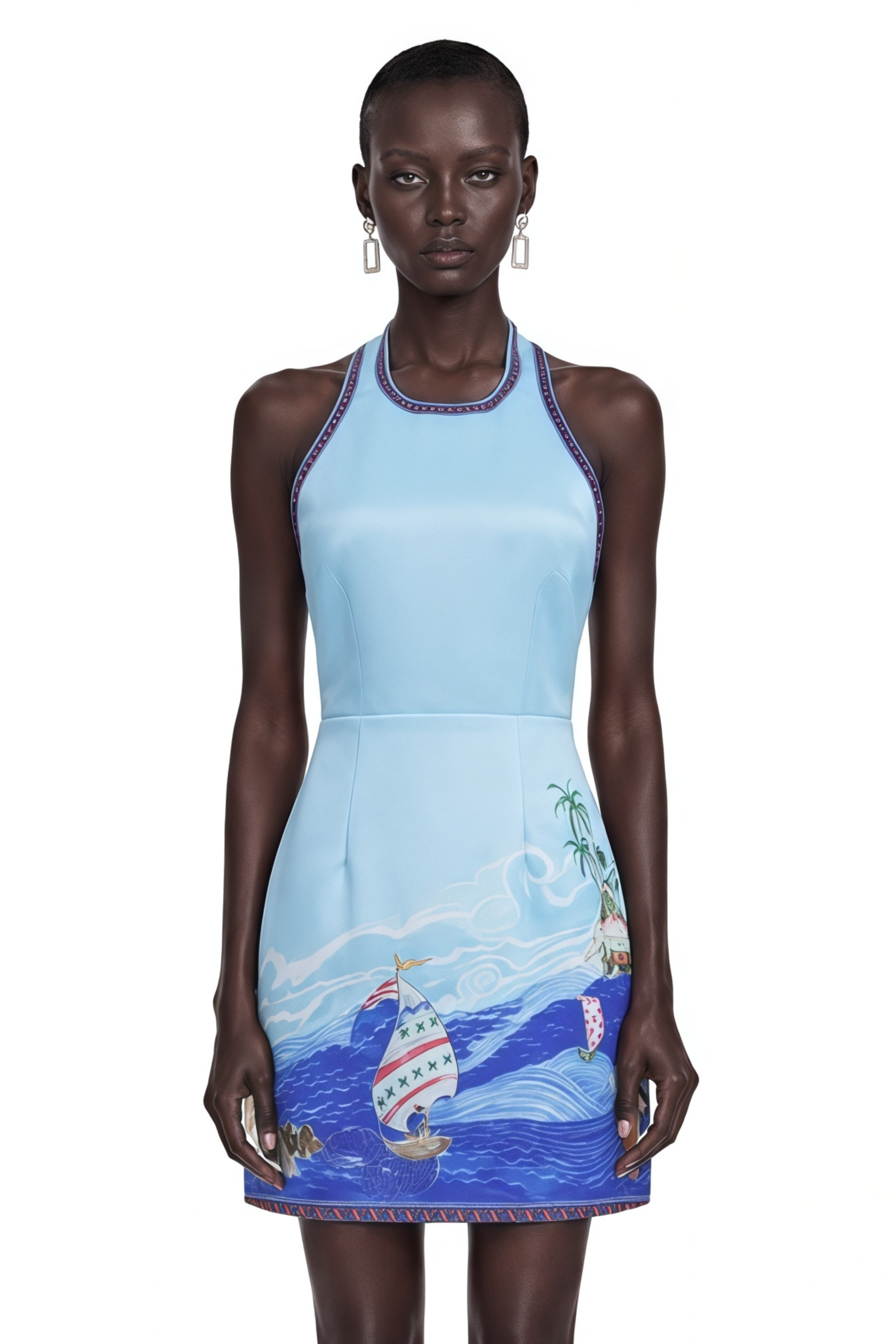 Marina Blue Scenic Print Halter Mini Dress