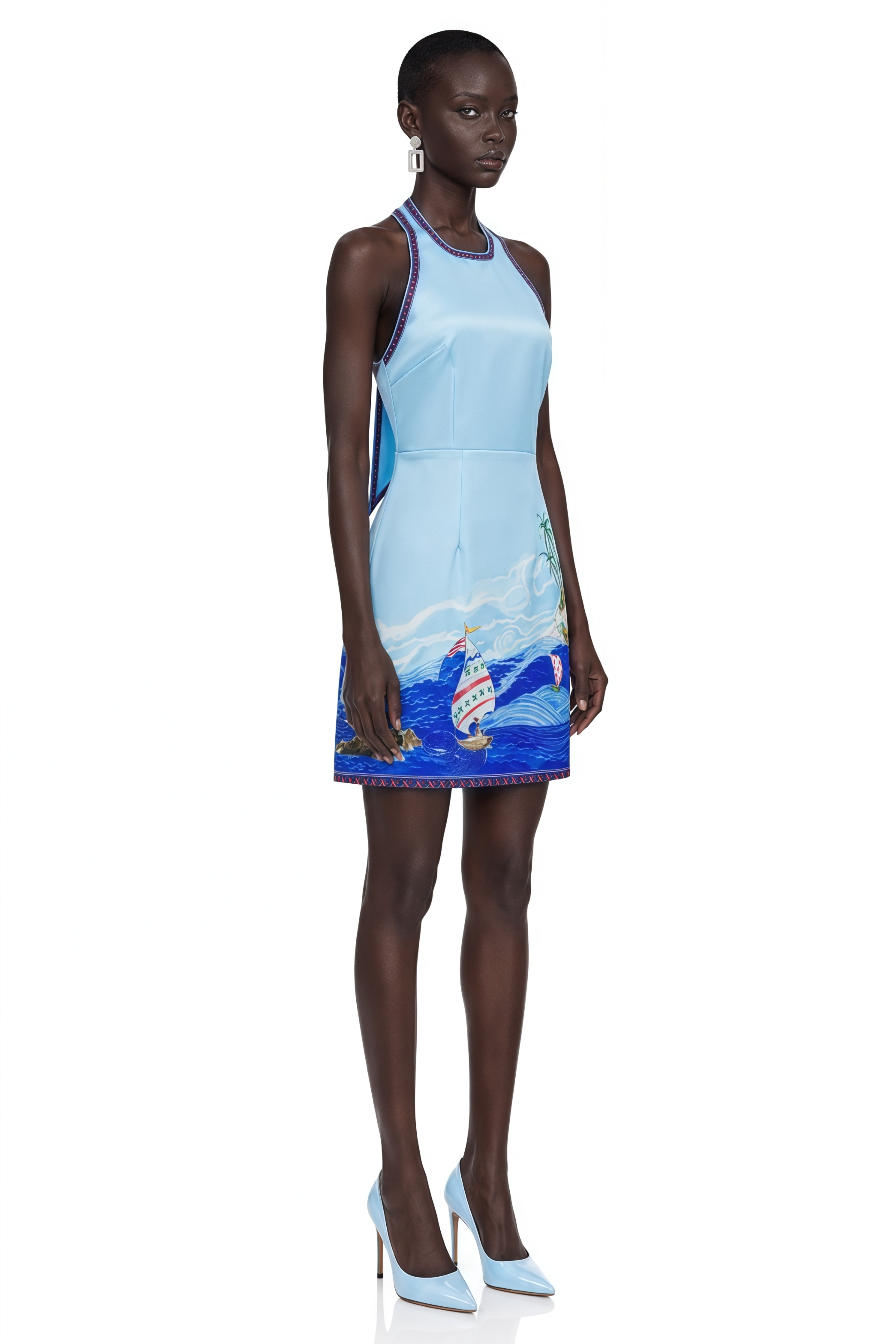 Marina Blue Scenic Print Halter Mini Dress