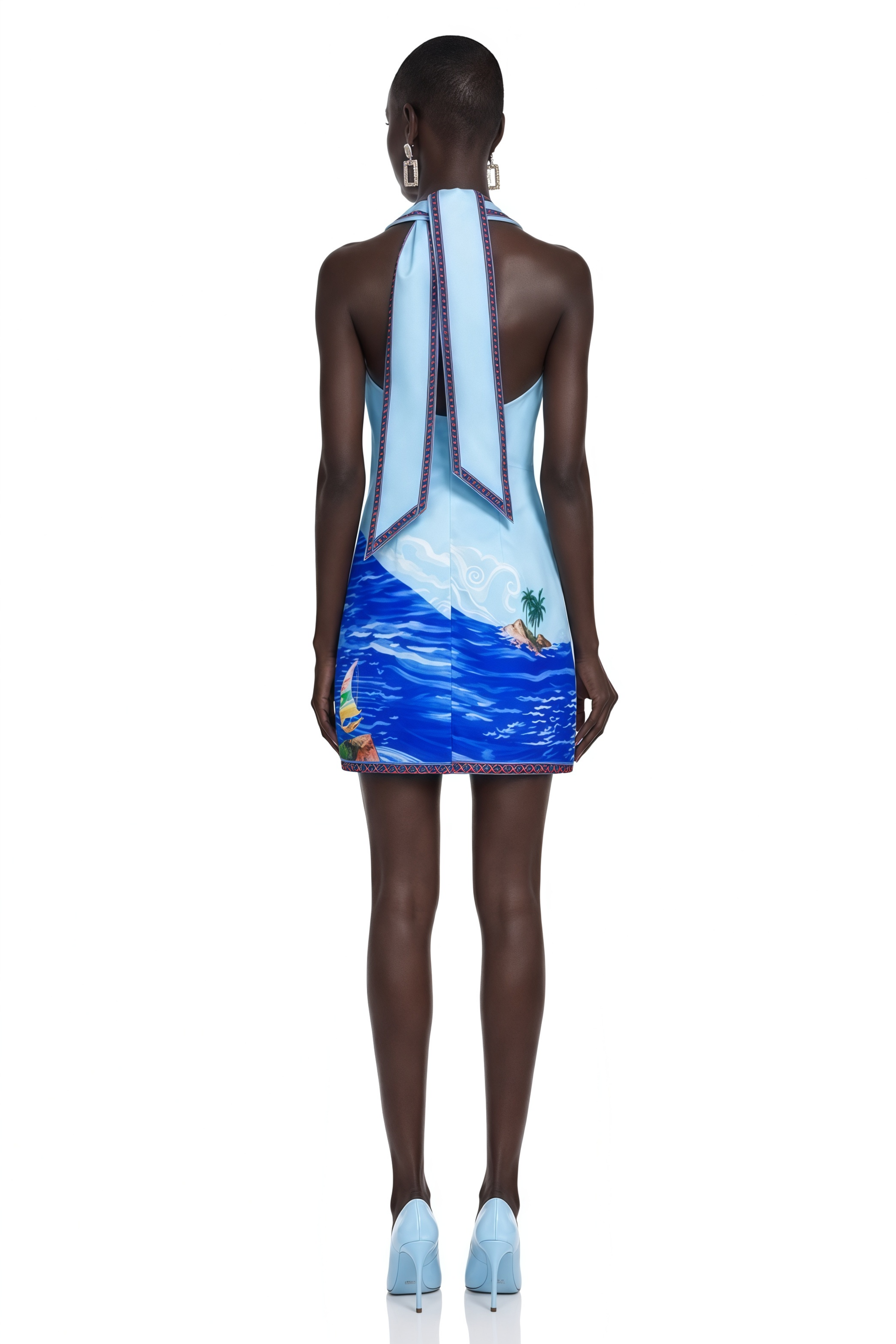 Marina Blue Scenic Print Halter Mini Dress