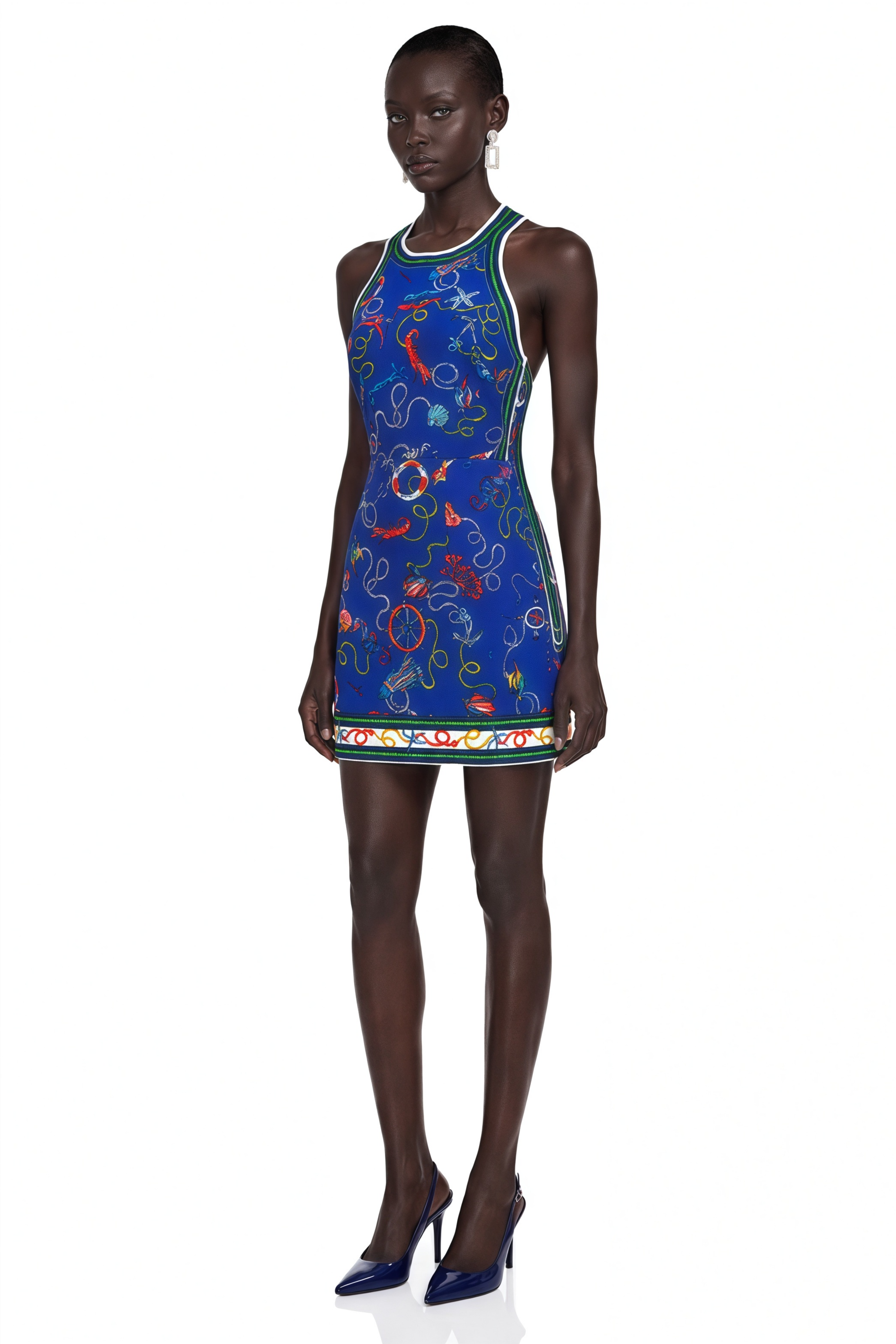 Marina Navy Blue Scenic Print Halter Mini Dress
