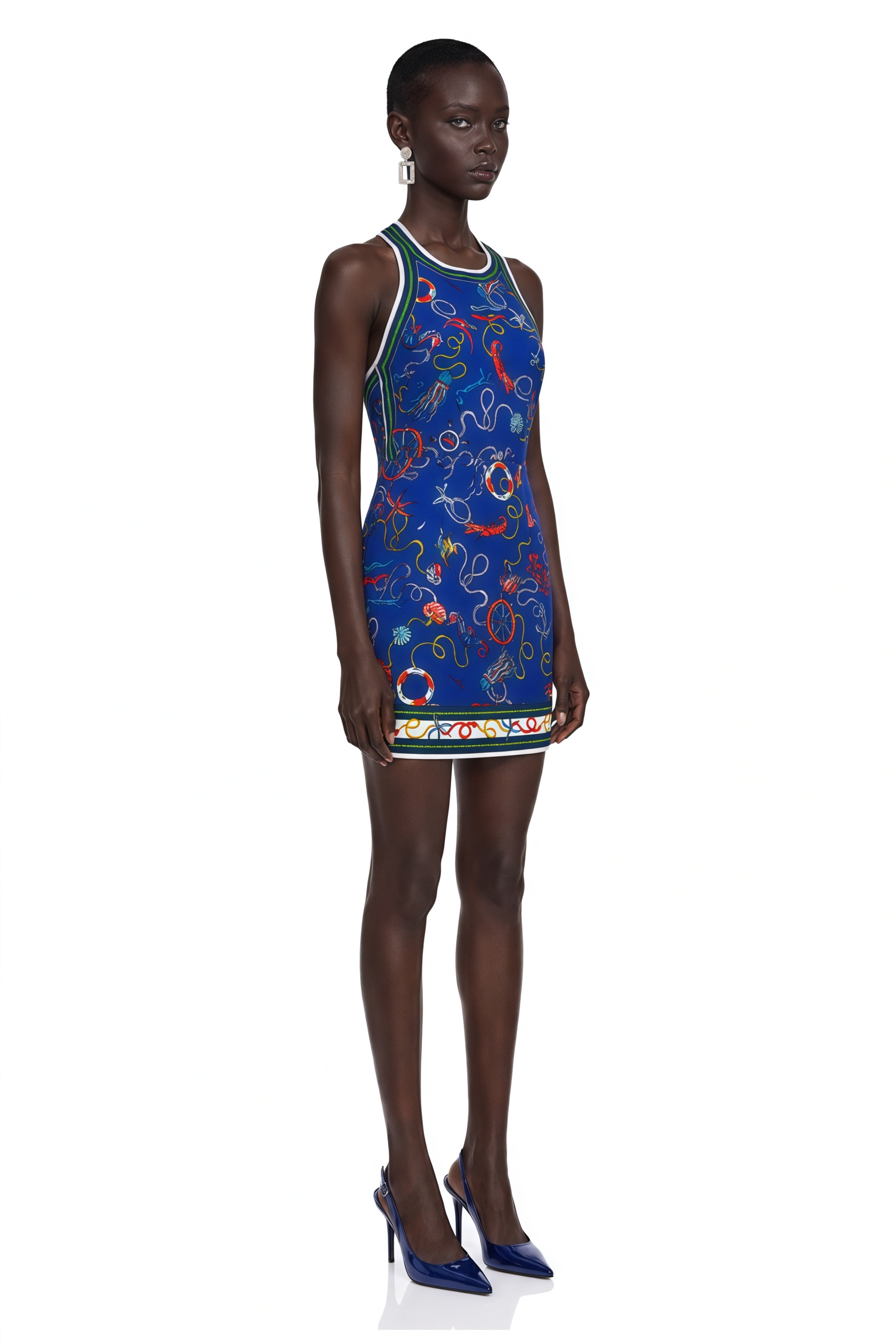 Marina Navy Blue Scenic Print Halter Mini Dress