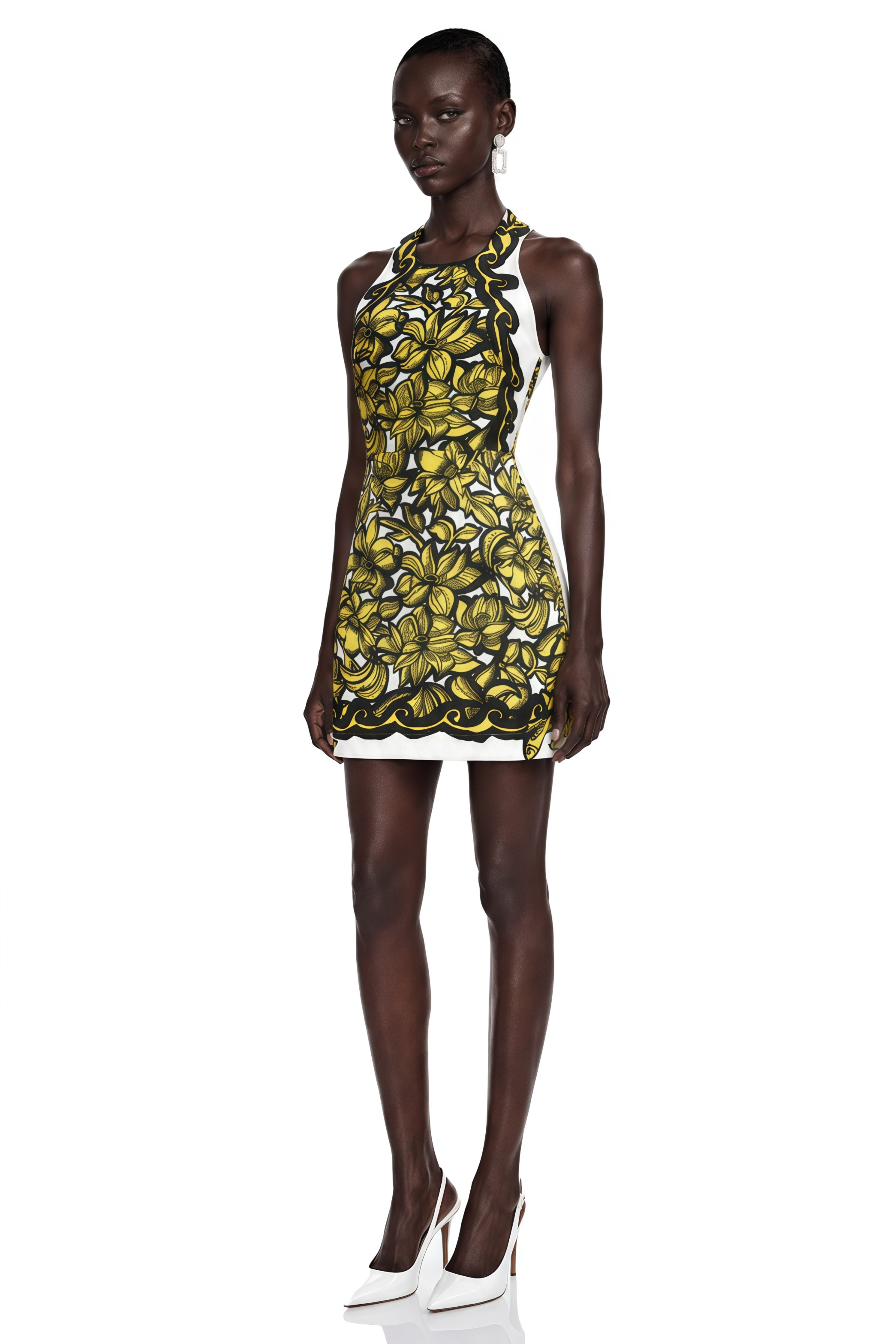 Marina Yellow Scenic Print Halter Mini Dress