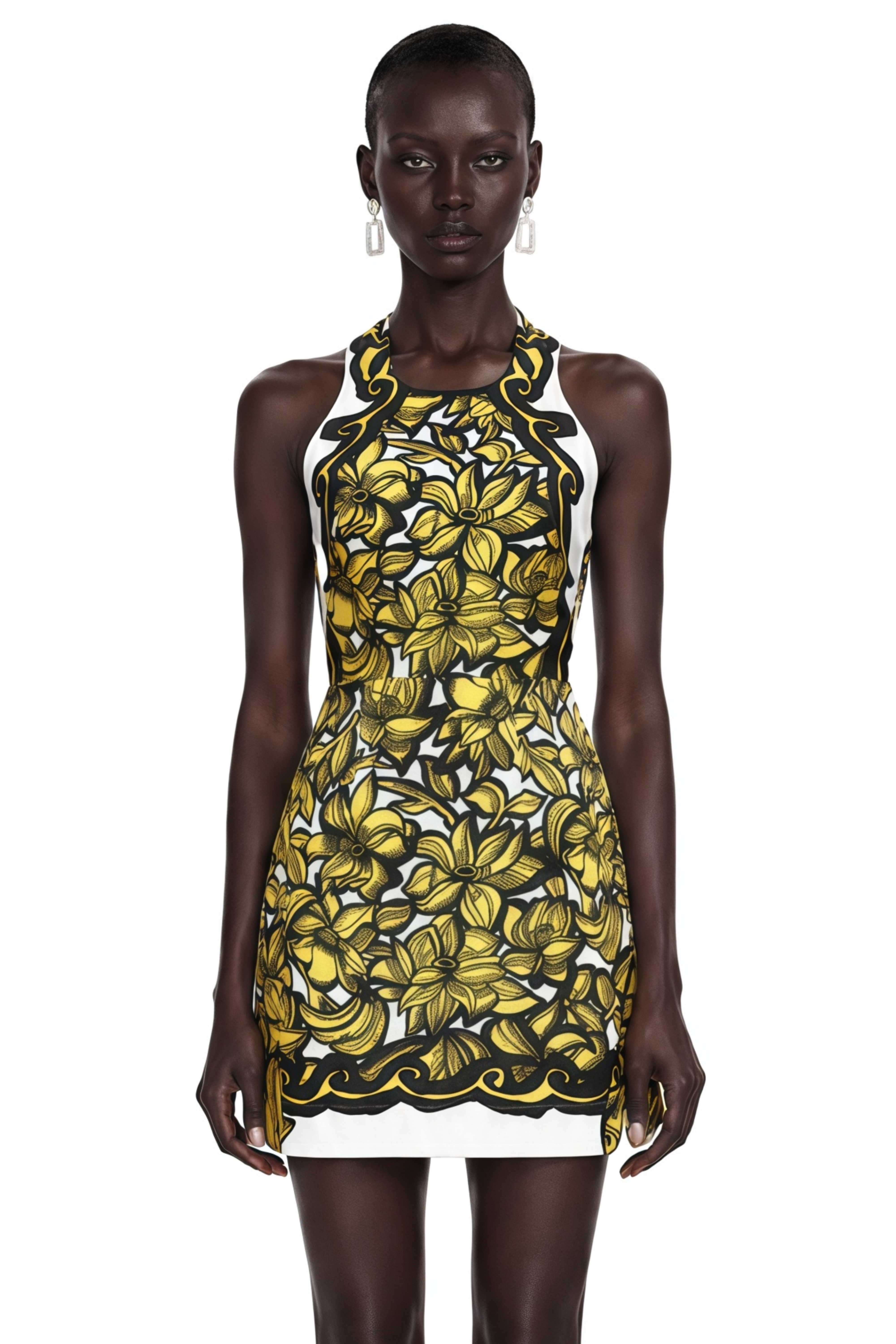 Marina Yellow Scenic Print Halter Mini Dress