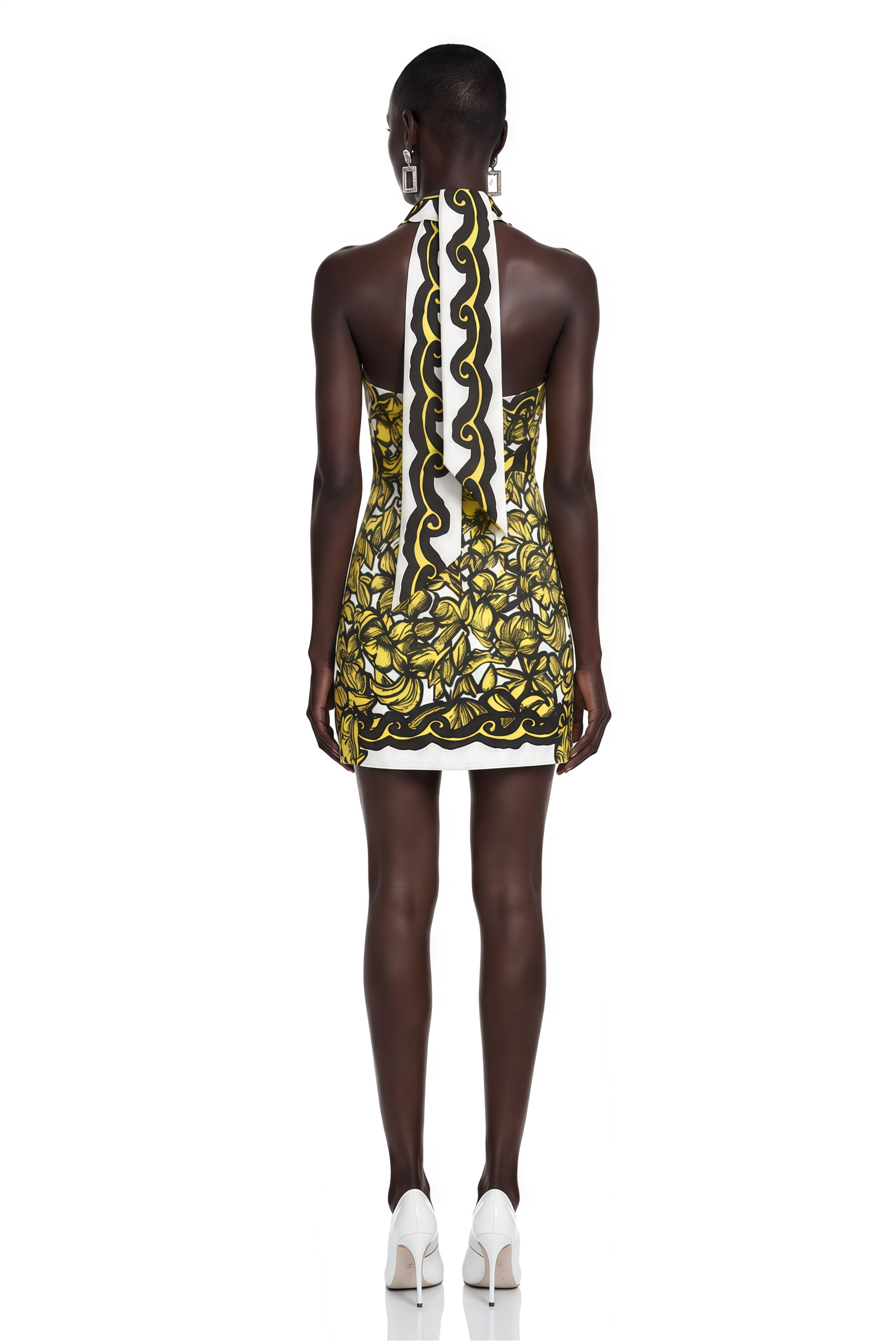 Marina Yellow Scenic Print Halter Mini Dress