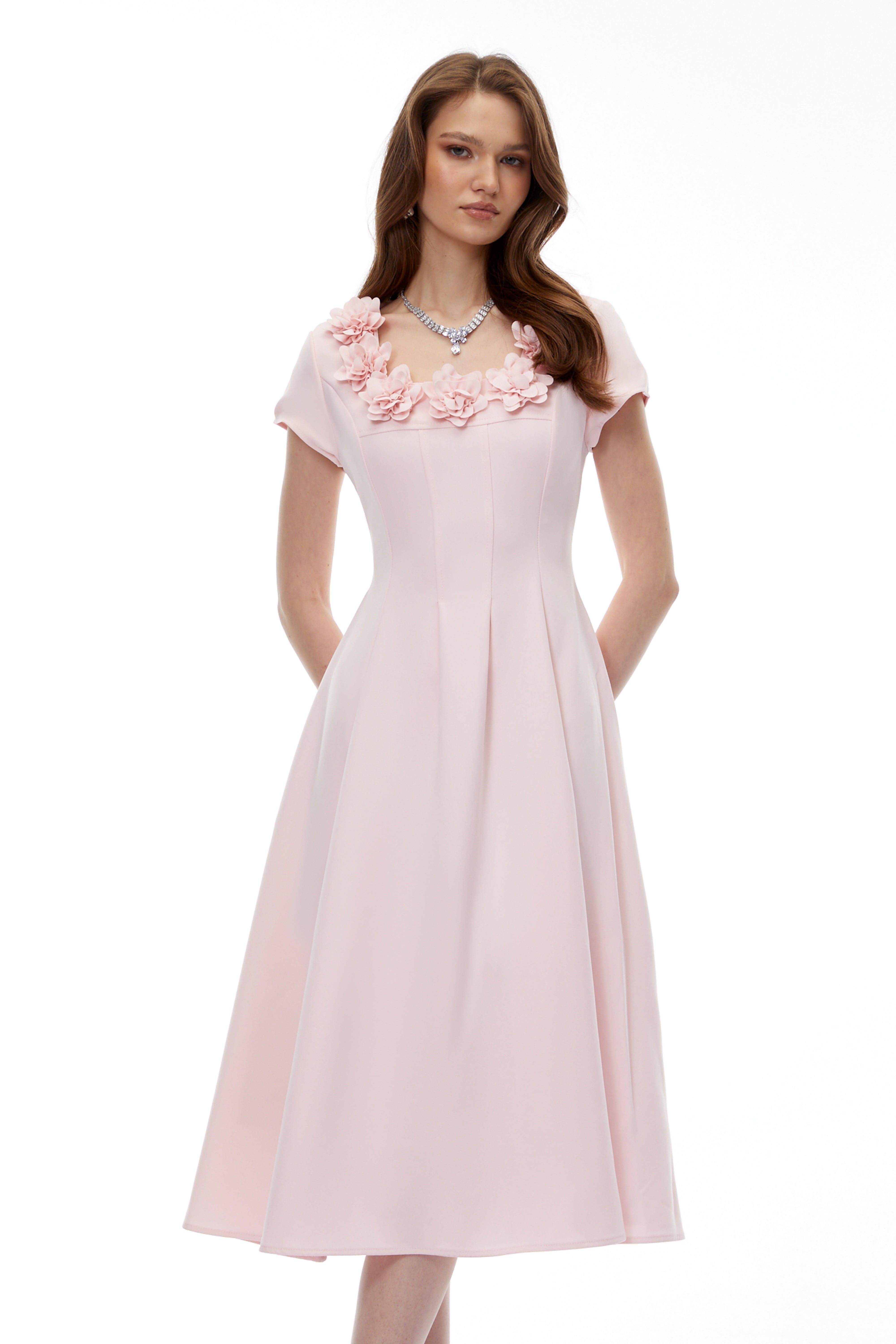 Marley Pink Pleated Midi Dress with 3D Petals (Final Sale-US Only)