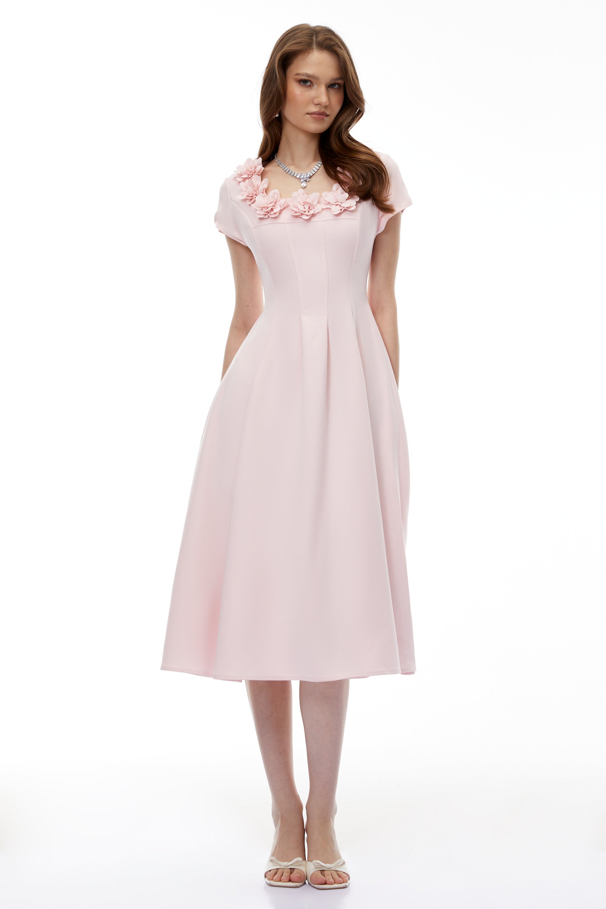 Marley Pink Pleated Midi Dress with 3D Petals (Final Sale-US Only)