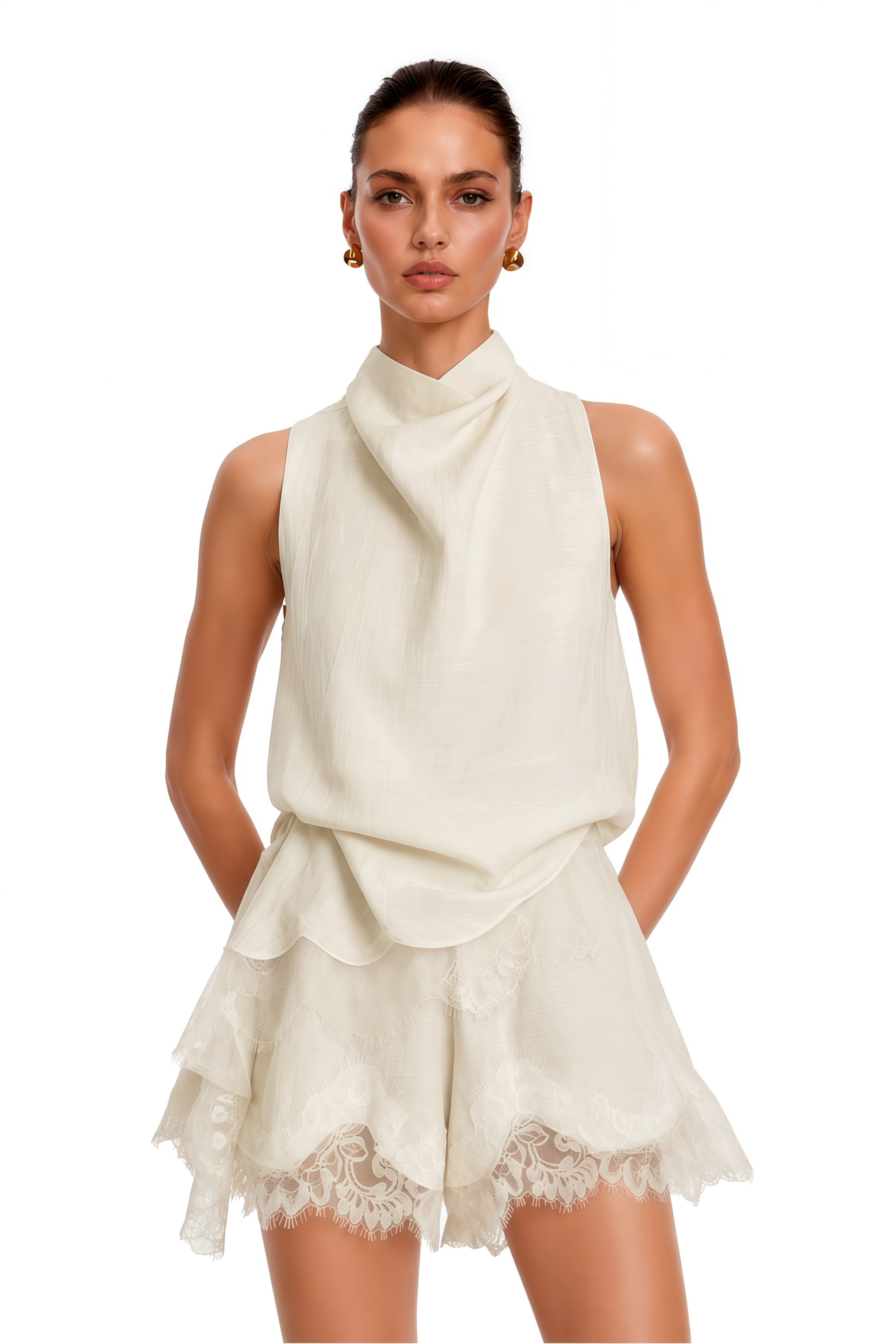 Marlowe Neutral High Neck Top & Lace Shorts Set